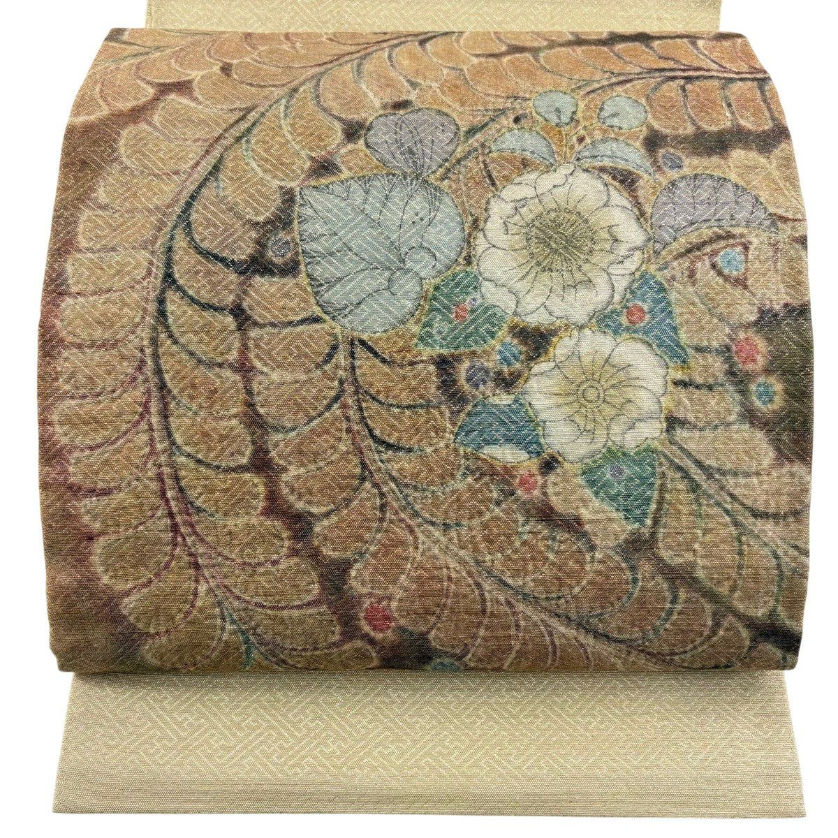 【美品】 袋帶 秀品級 辻花染圖案 金線 金金箔 茶 お太鼓圖案 純蠶絲