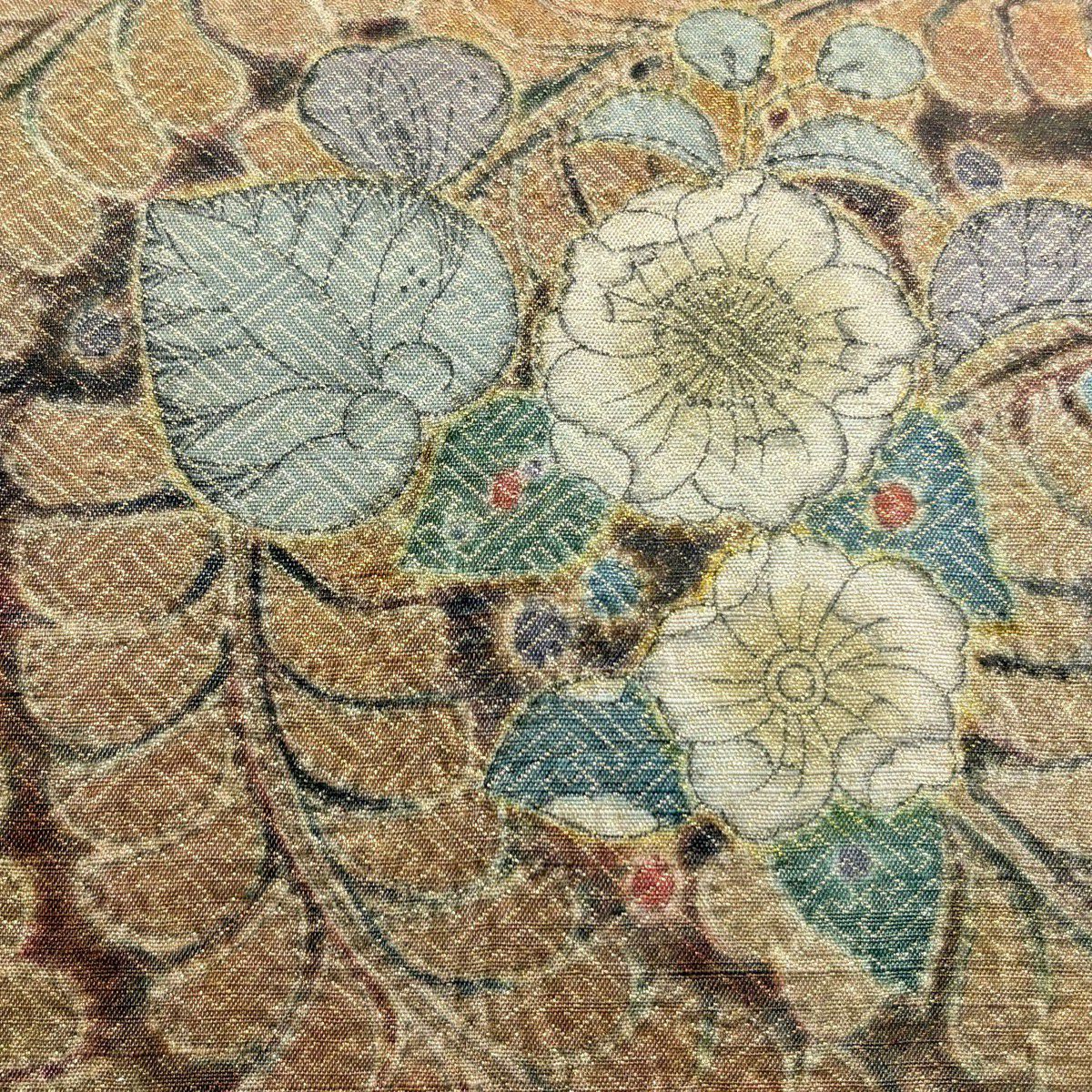 【美品】 袋帶 秀品級 辻花染圖案 金線 金金箔 茶 お太鼓圖案 純蠶絲