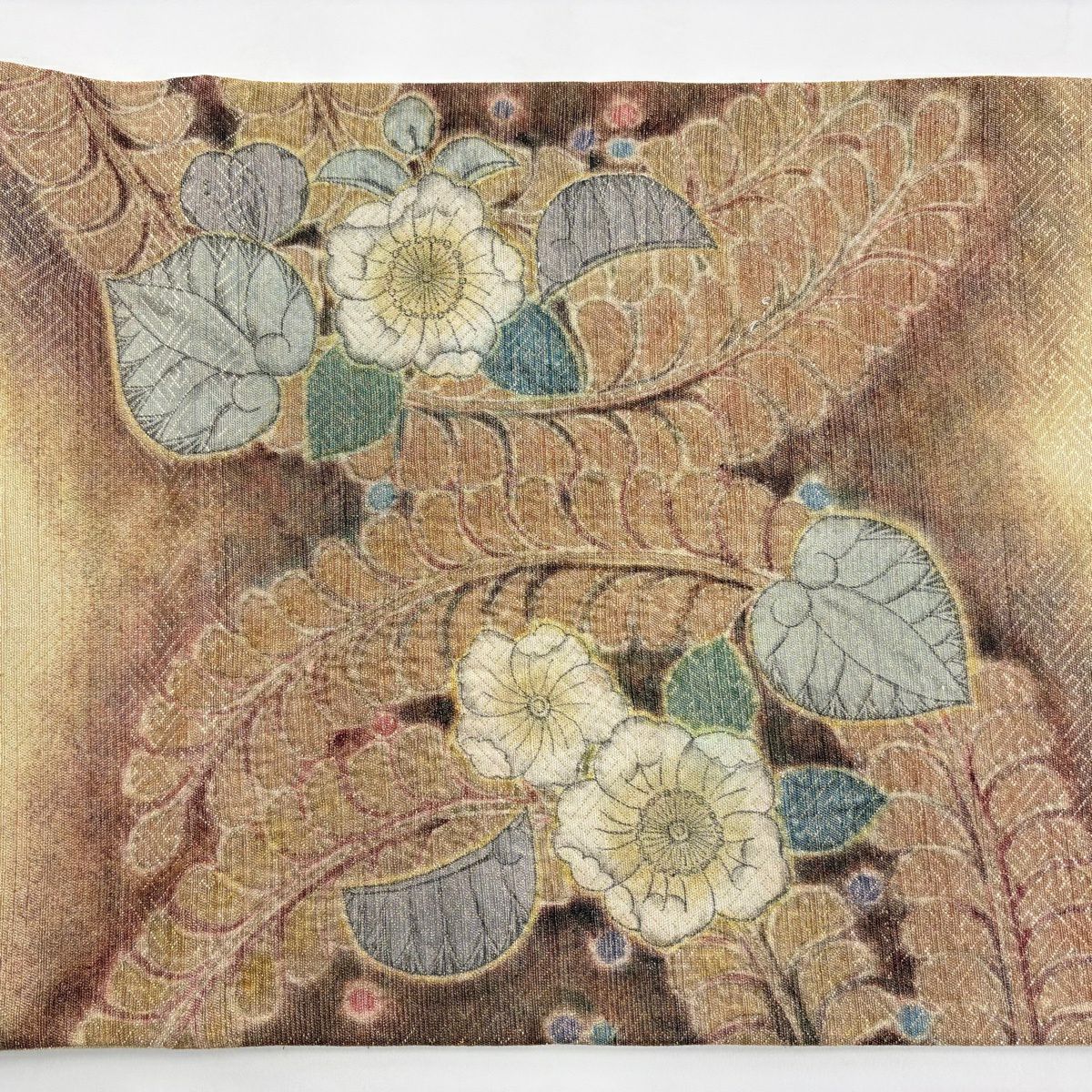 【美品】 袋帶 秀品級 辻花染圖案 金線 金金箔 茶 お太鼓圖案 純蠶絲