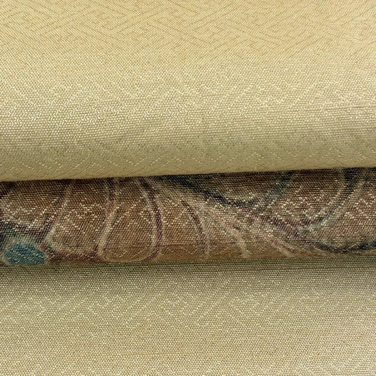 【美品】 袋帶 秀品級 辻花染圖案 金線 金金箔 茶 お太鼓圖案 純蠶絲