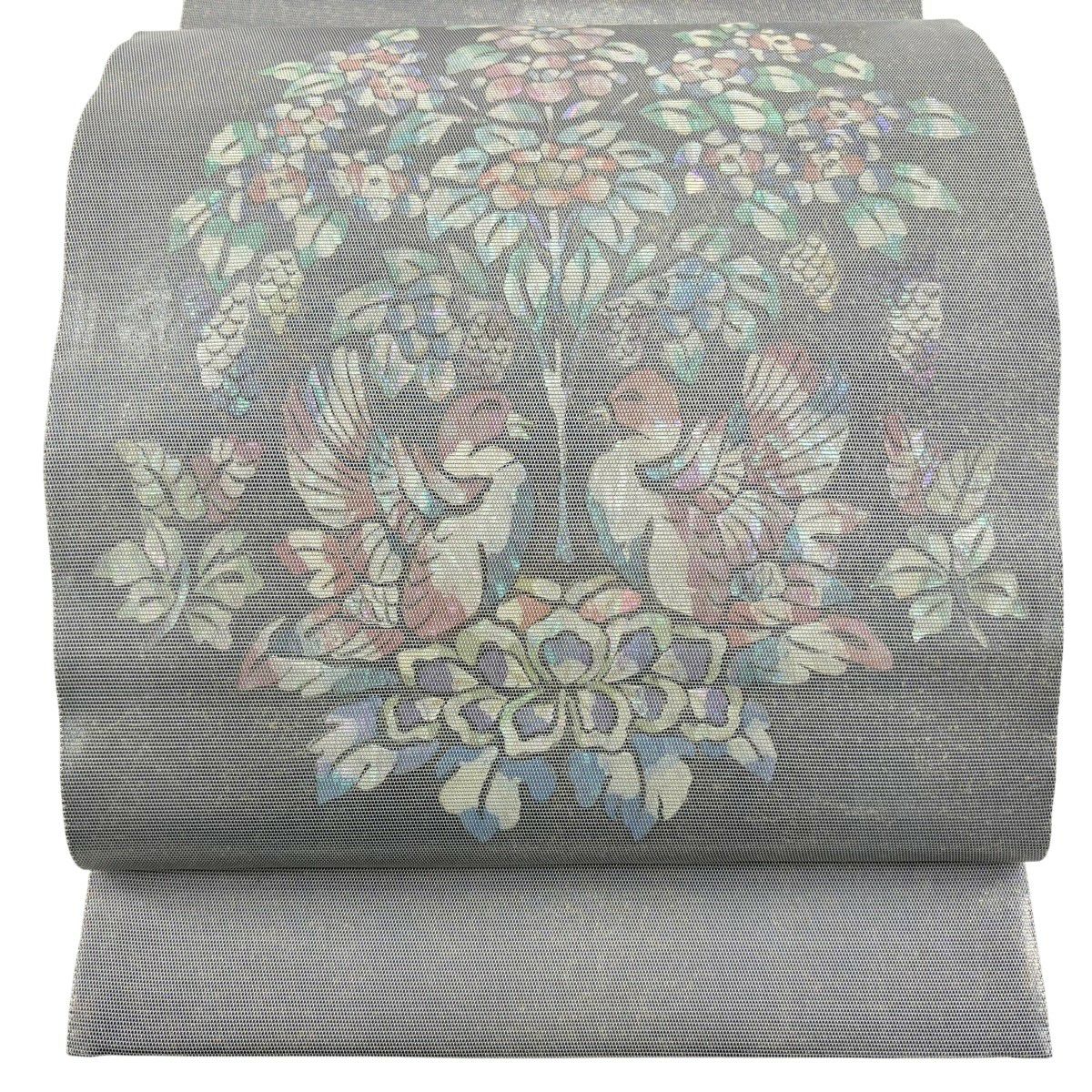 【美品】 袋帶 秀品級 樹下鳥獸紋 金金箔 灰 深藍色 正蠶絲