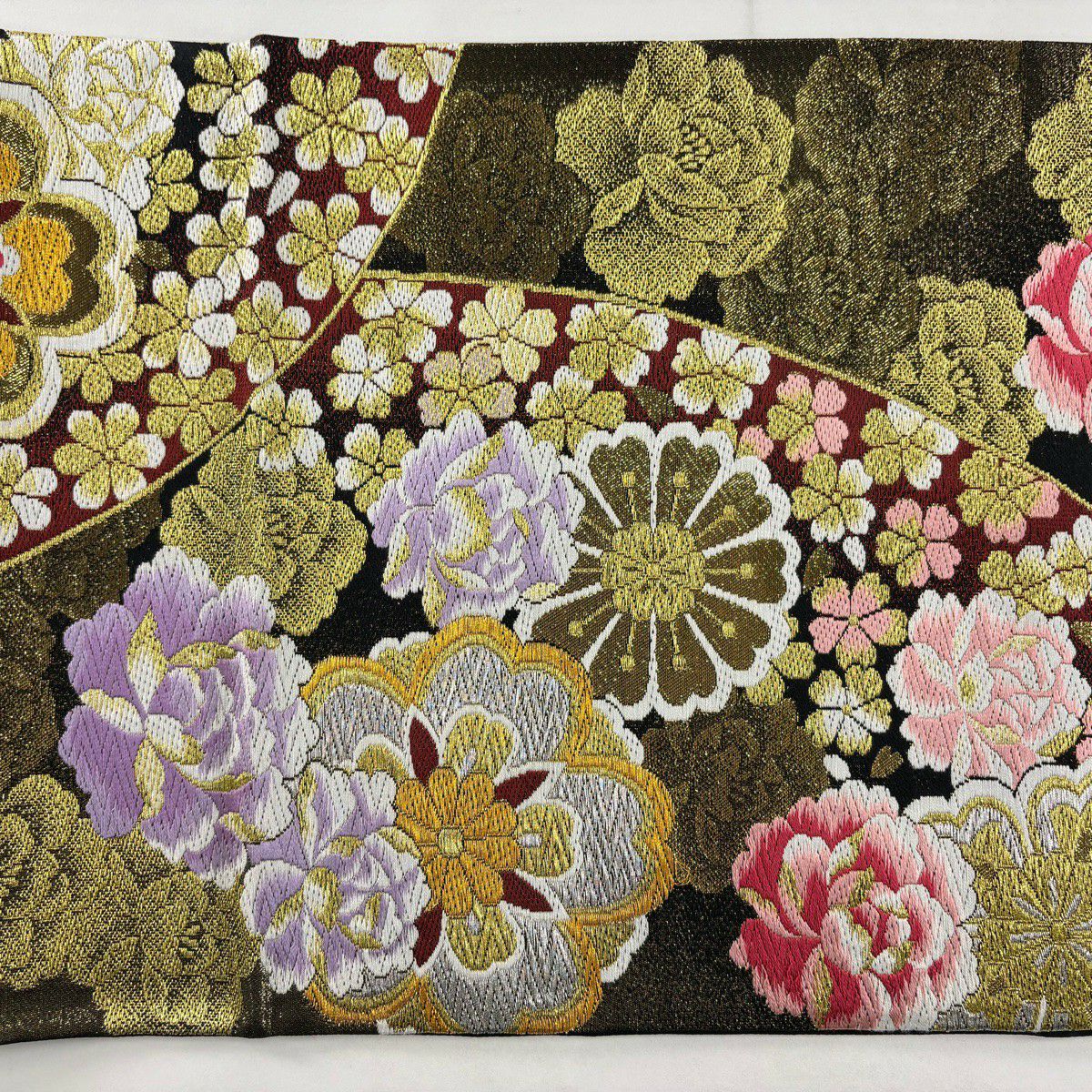 袋帶 秀品級 華紋 牡丹 唐織 金金箔 黑 六通 純蠶絲