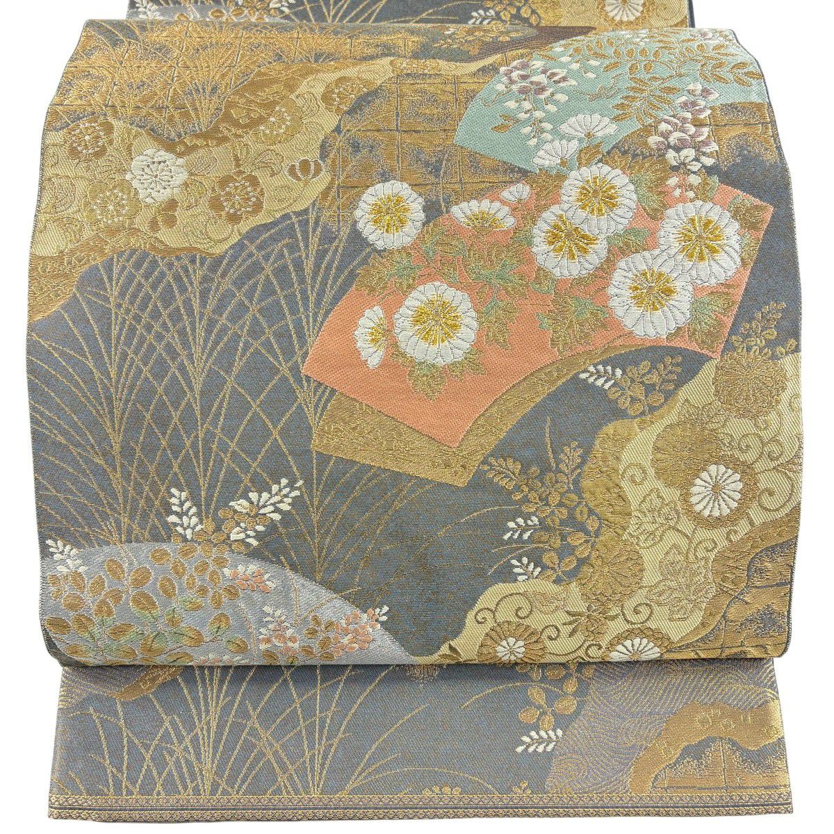 【美品】 袋帶 秀品級 服部織物 落款あり 關西裁縫 扇子面 草花紋 金絲 金金箔 灰色 六通 純蠶絲