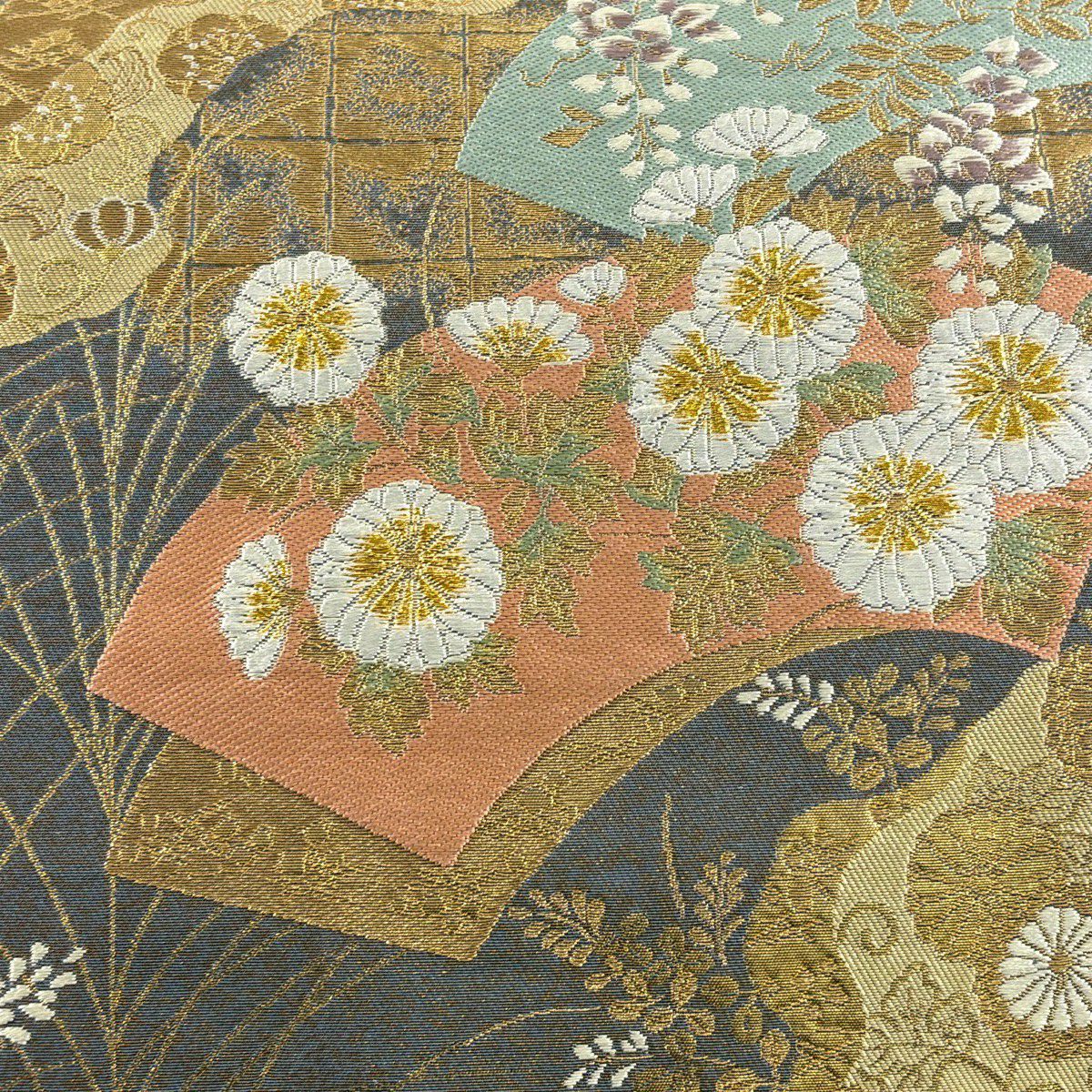【美品】 袋帶 秀品級 服部織物 落款あり 關西裁縫 扇子面 草花紋 金絲 金金箔 灰色 六通 純蠶絲