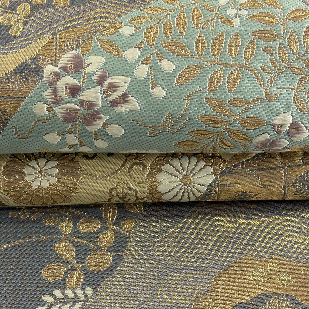 【美品】 袋帶 秀品級 服部織物 落款あり 關西裁縫 扇子面 草花紋 金絲 金金箔 灰色 六通 純蠶絲