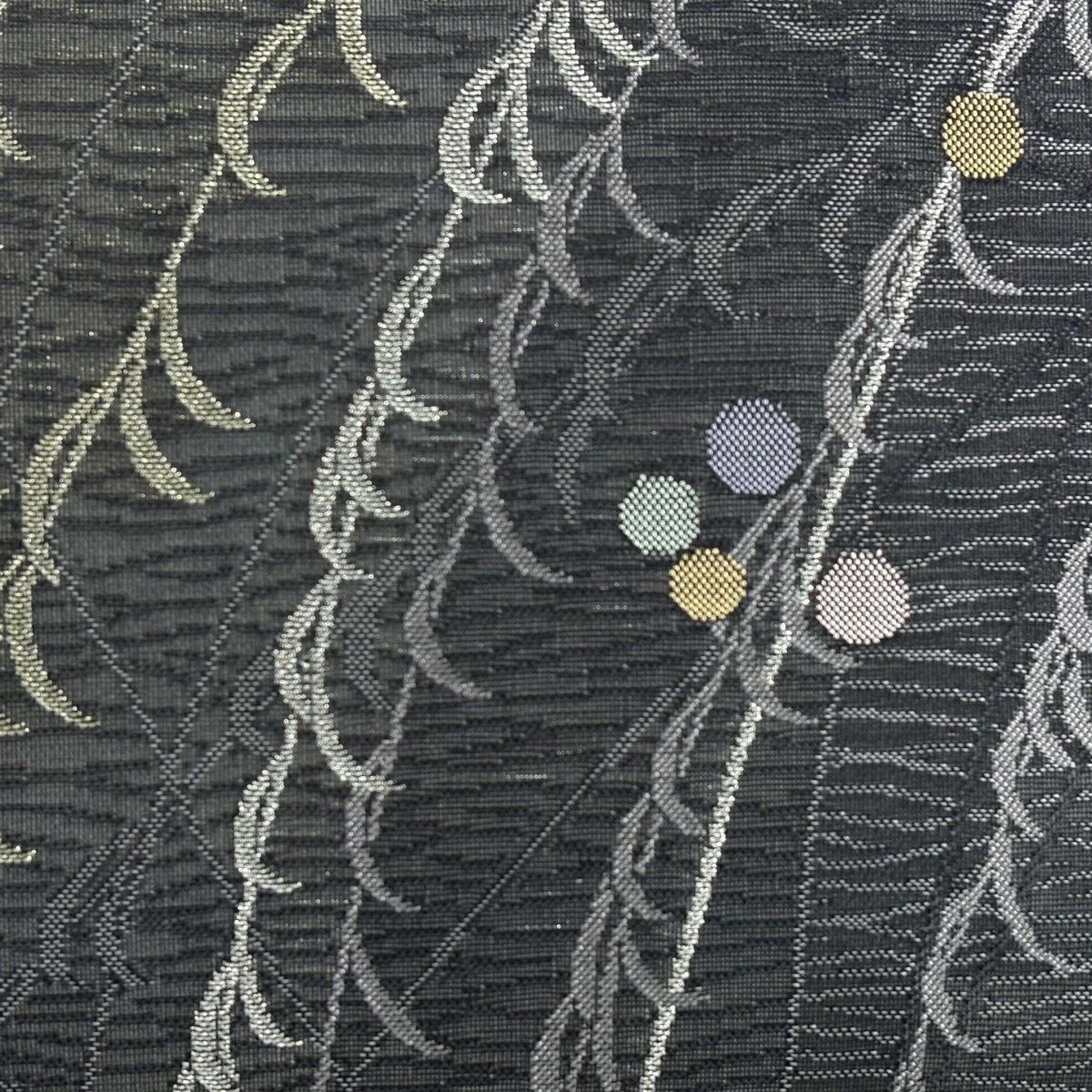 【美品】名古屋帶 秀品級 夏帶 葉與果實 銀線 墨色 純蠶絲