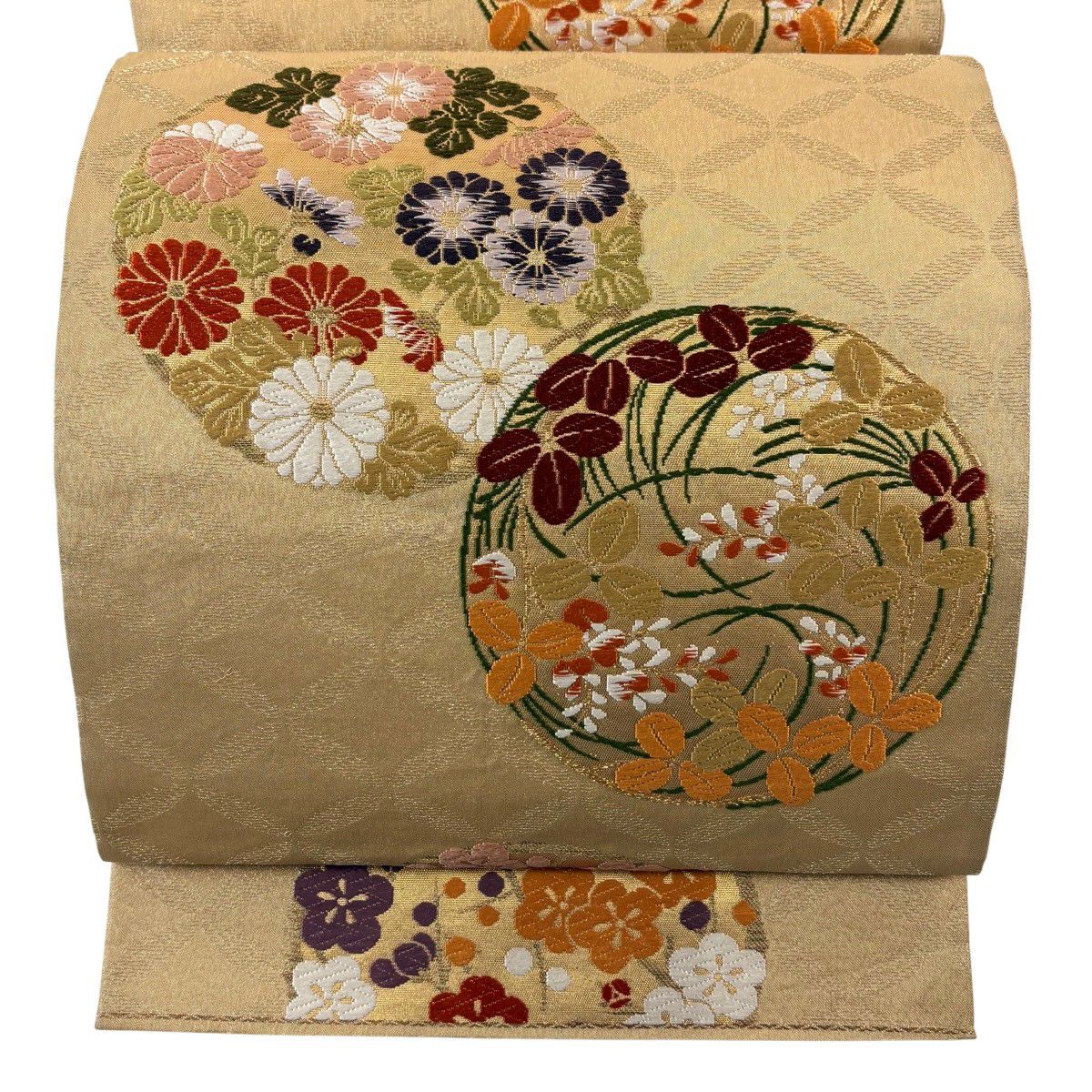 袋帶 秀品級 花丸紋 菊花 金絲 唐織 金色 六通 純蠶絲