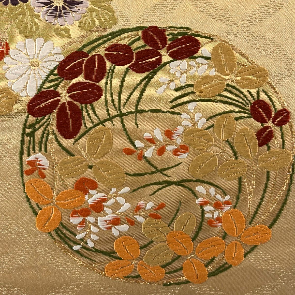 袋帶 秀品級 花丸紋 菊花 金絲 唐織 金色 六通 純蠶絲