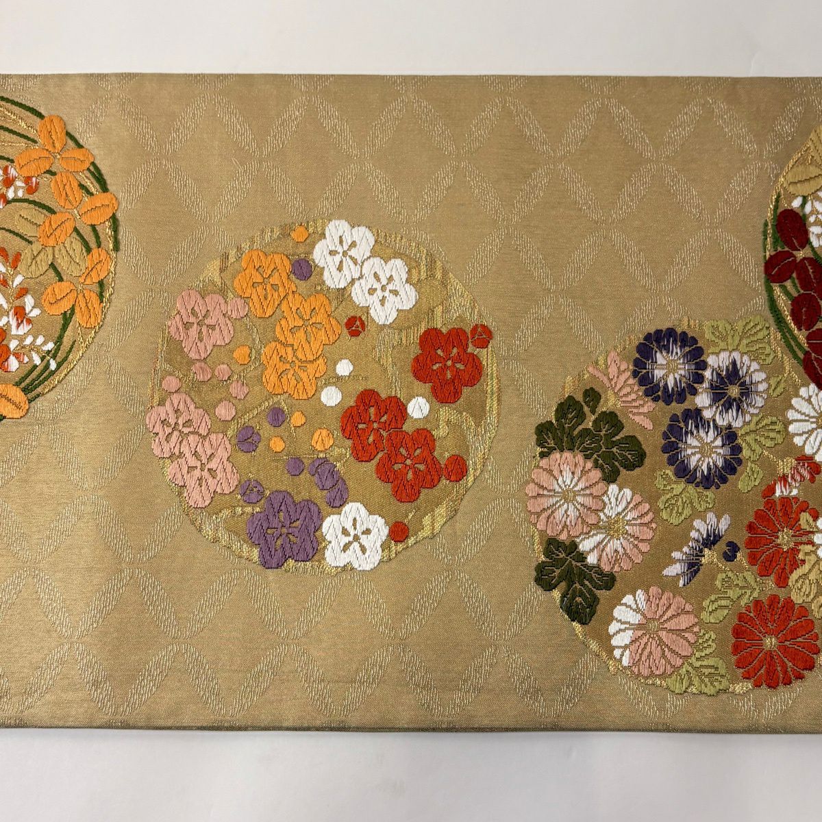 袋帶 秀品級 花丸紋 菊花 金絲 唐織 金色 六通 純蠶絲