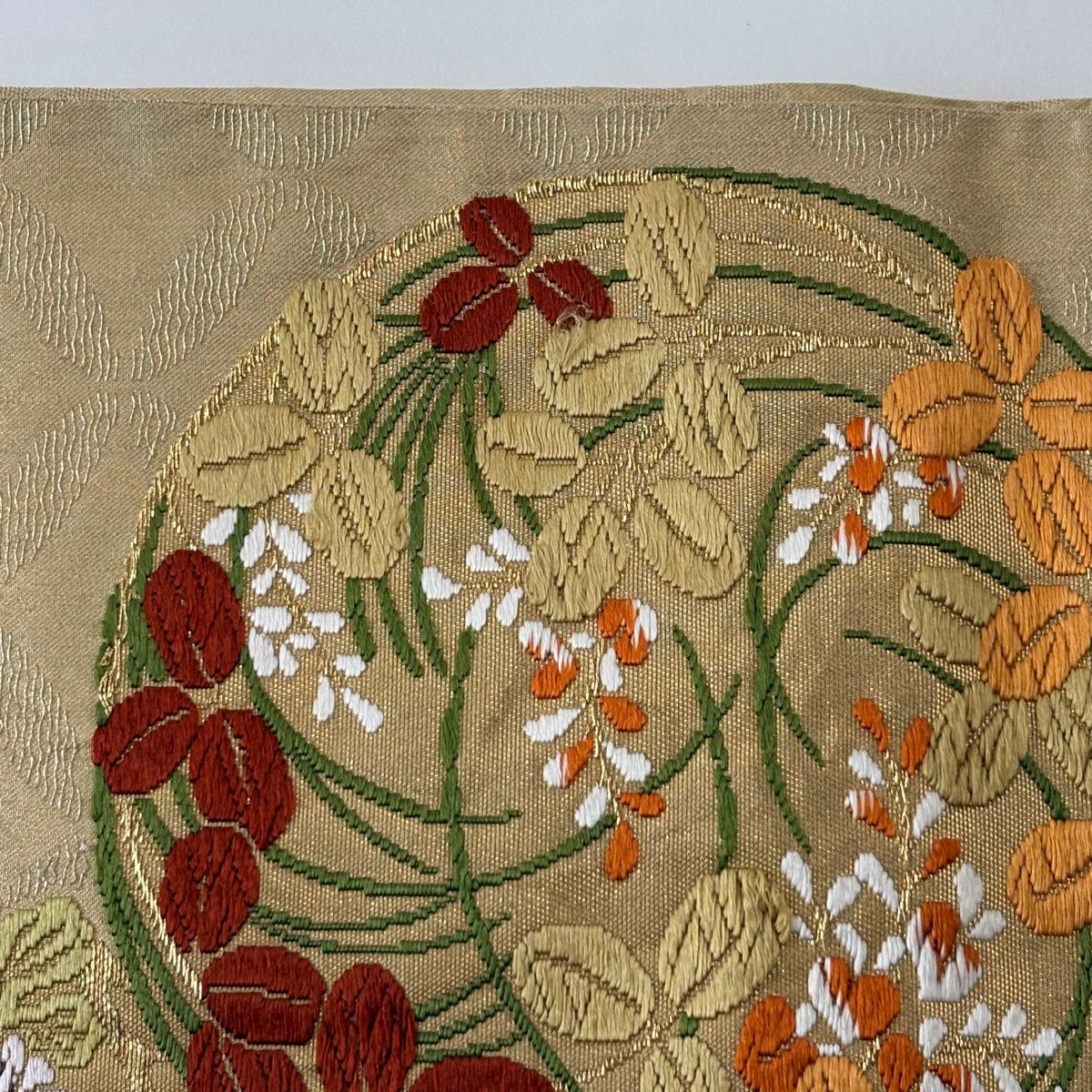 袋帶 秀品級 花丸紋 菊花 金絲 唐織 金色 六通 純蠶絲