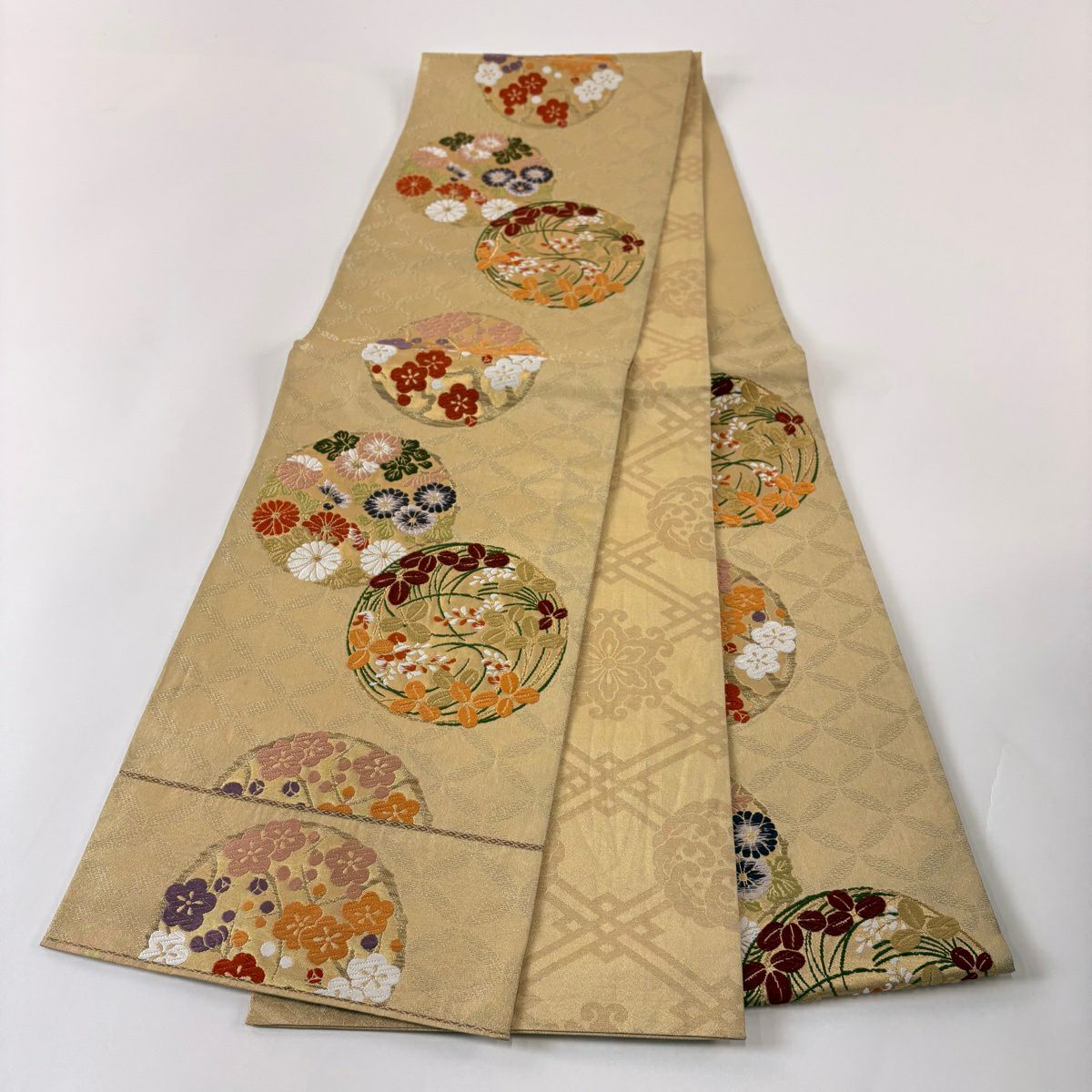 袋帶 秀品級 花丸紋 菊花 金絲 唐織 金色 六通 純蠶絲