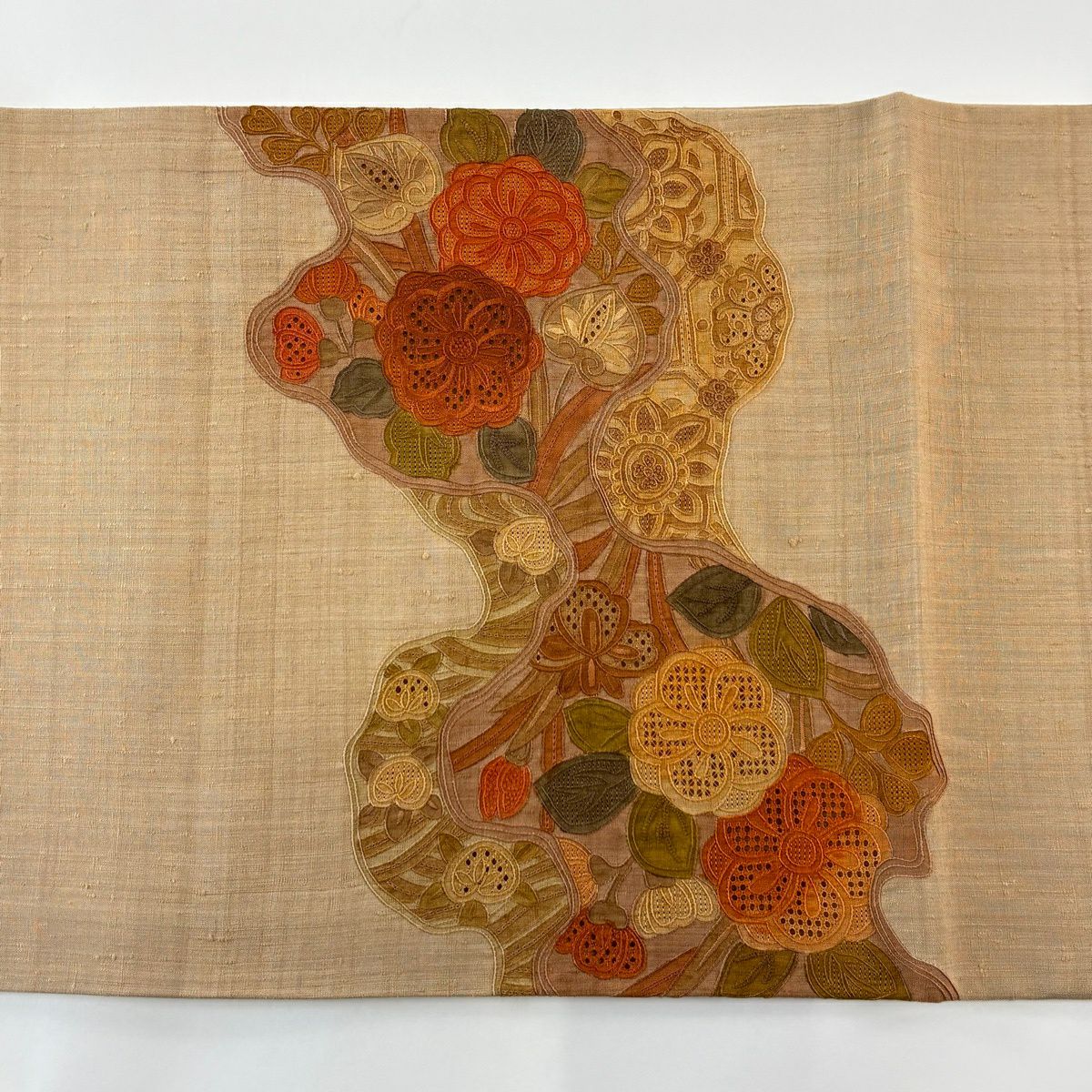袋帶 秀品級 紬織織 菊花 蜀江華紋 刺繡 薄茶 金銀彩 純蠶絲