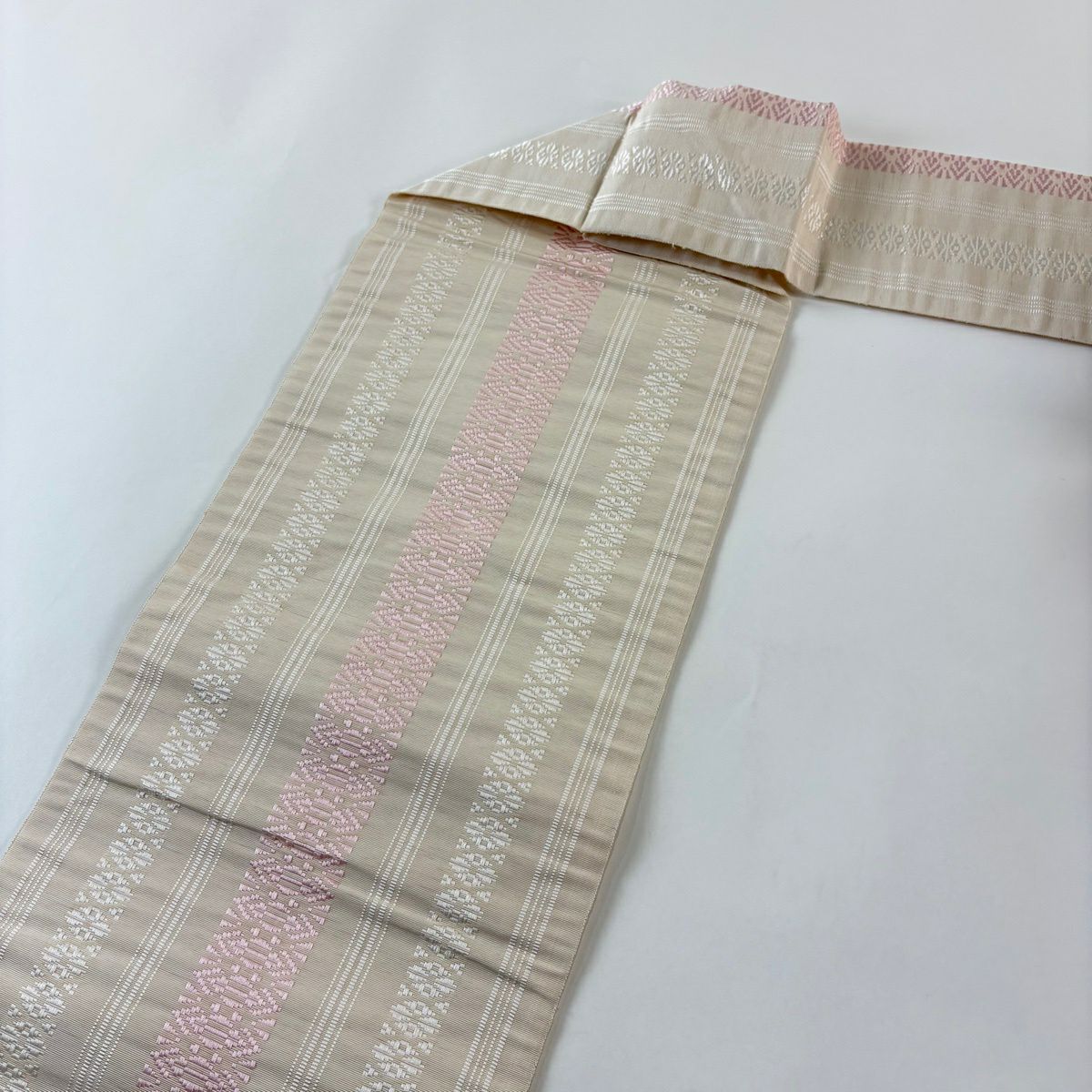 【美品】名古屋帶 優品級 八寸名古屋帶 献上圖案 米色 純蠶絲