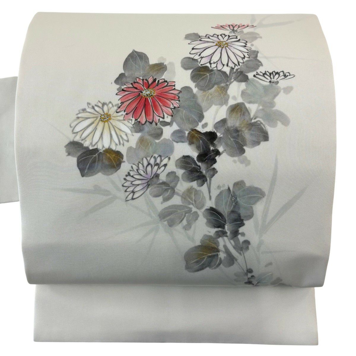 【美品】 名古屋帶 秀品級 附落款 旭仙 菊花 金彩裝飾 灰白 純蠶絲