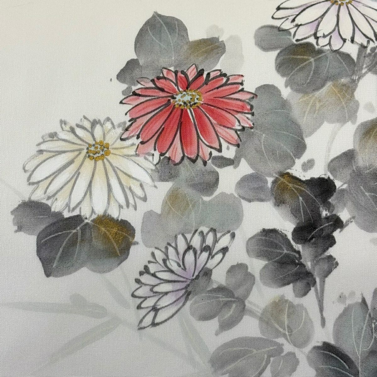 【美品】 名古屋帶 秀品級 附落款 旭仙 菊花 金彩裝飾 灰白 純蠶絲