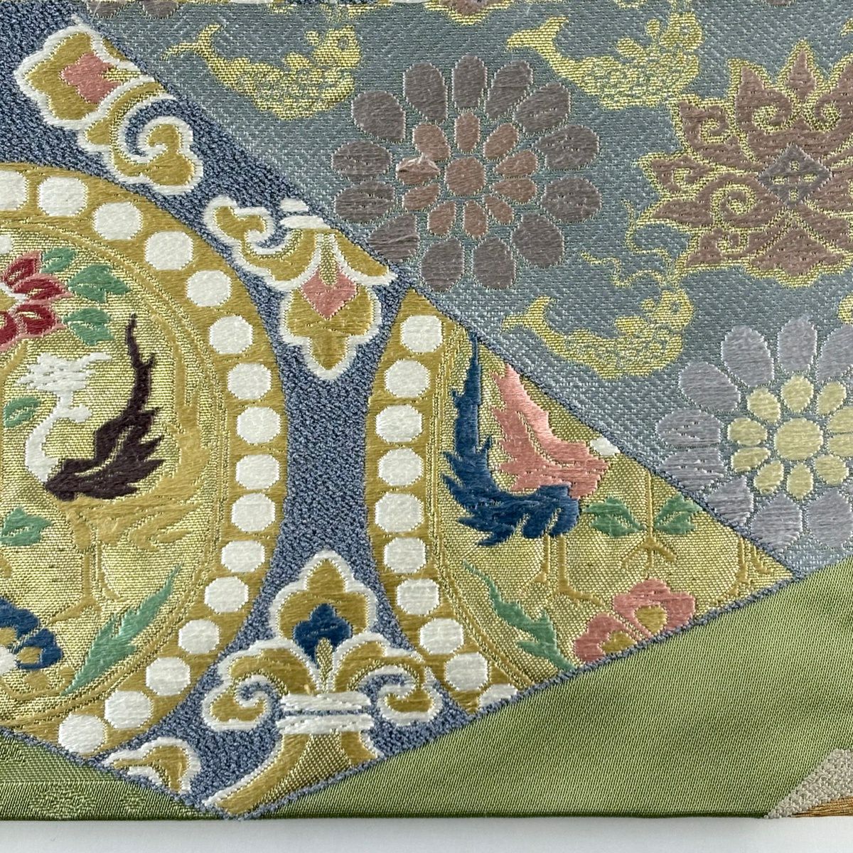 袋帶 秀品級 花唐草紋 荒磯 金糸 金金箔 艾綠 六通 純蠶絲