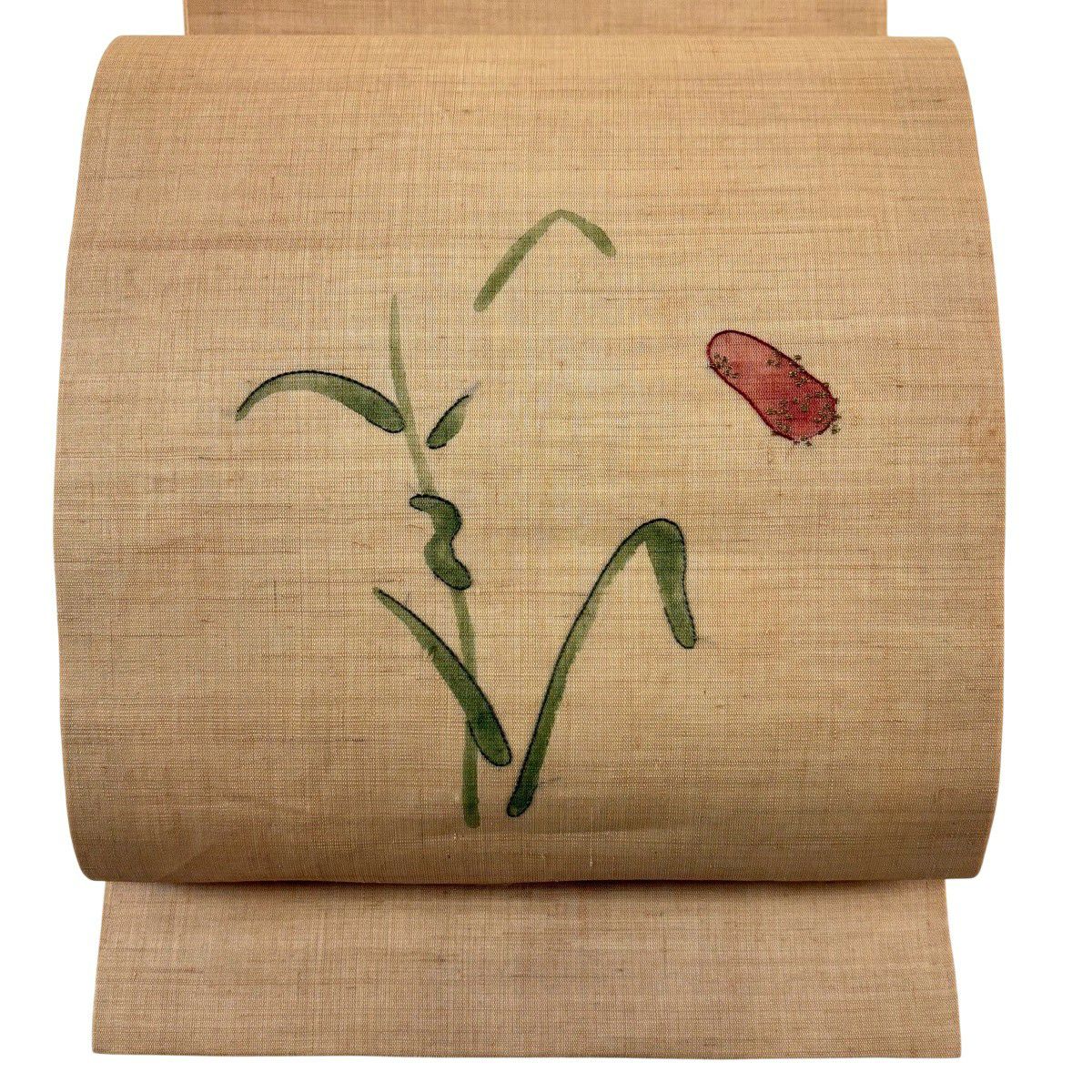 開口名古屋帶 優品級 夏帶 夏紬織地 草花紋紋 金絲 淺茶 麻