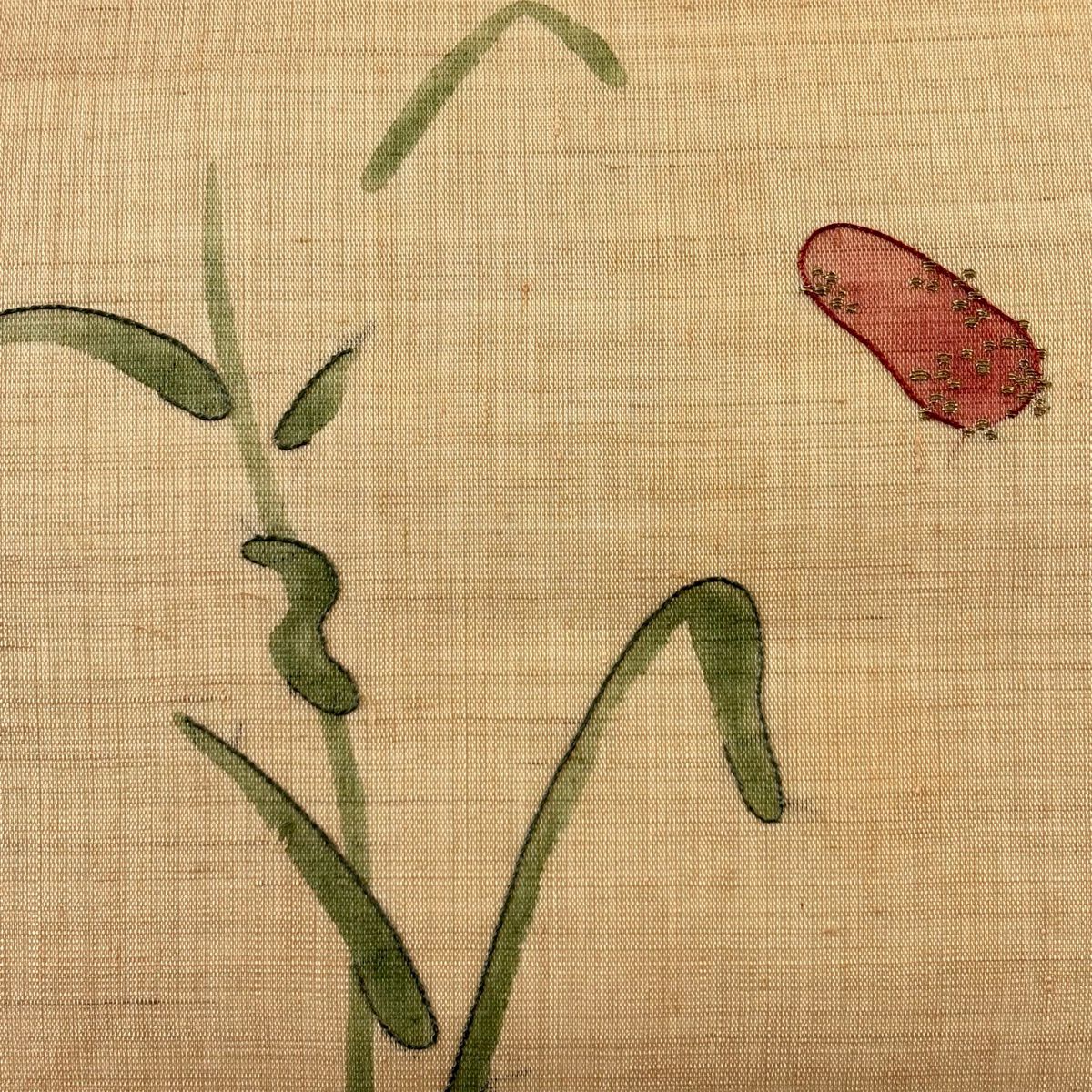 開口名古屋帶 優品級 夏帶 夏紬織地 草花紋紋 金絲 淺茶 麻
