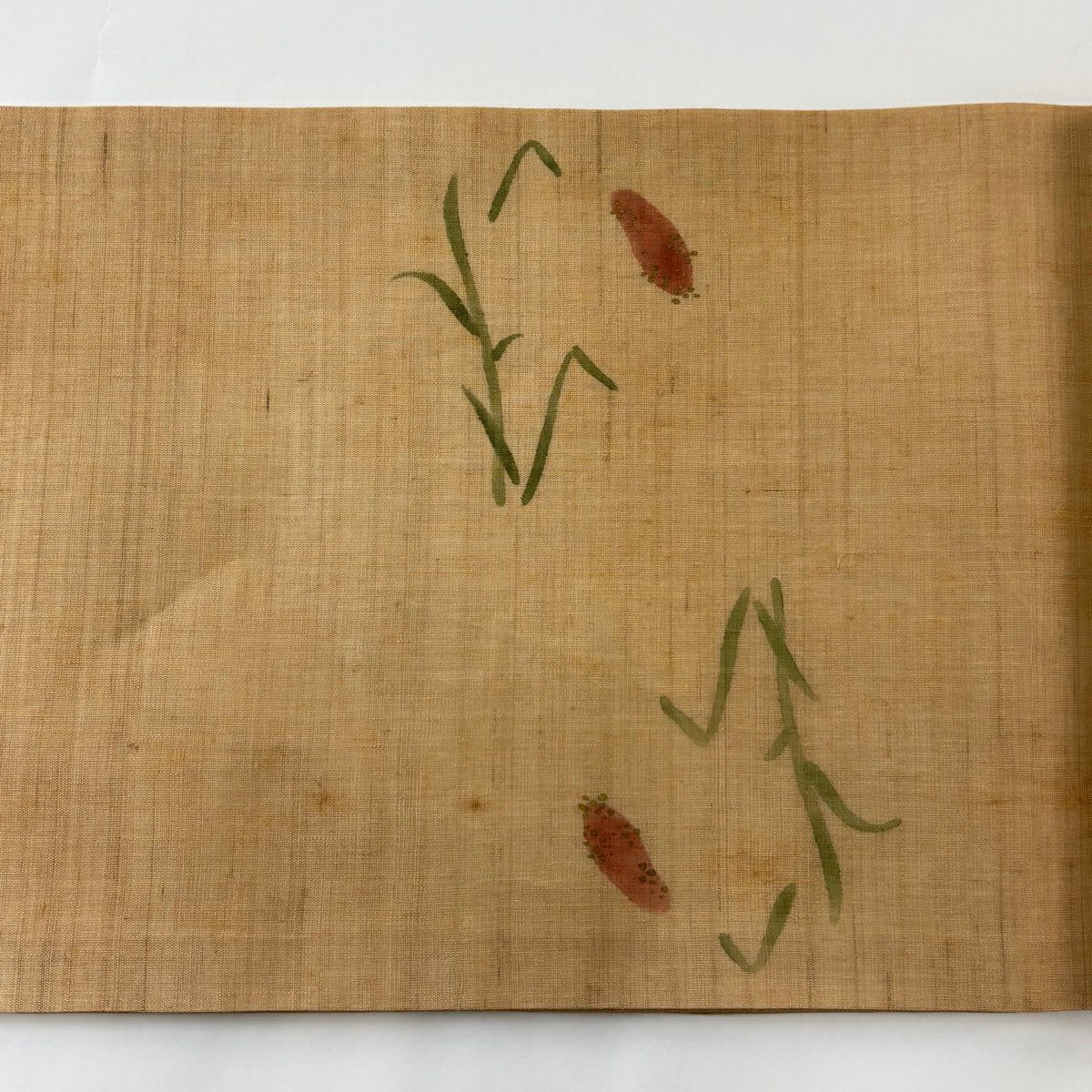 開口名古屋帶 優品級 夏帶 夏紬織地 草花紋紋 金絲 淺茶 麻