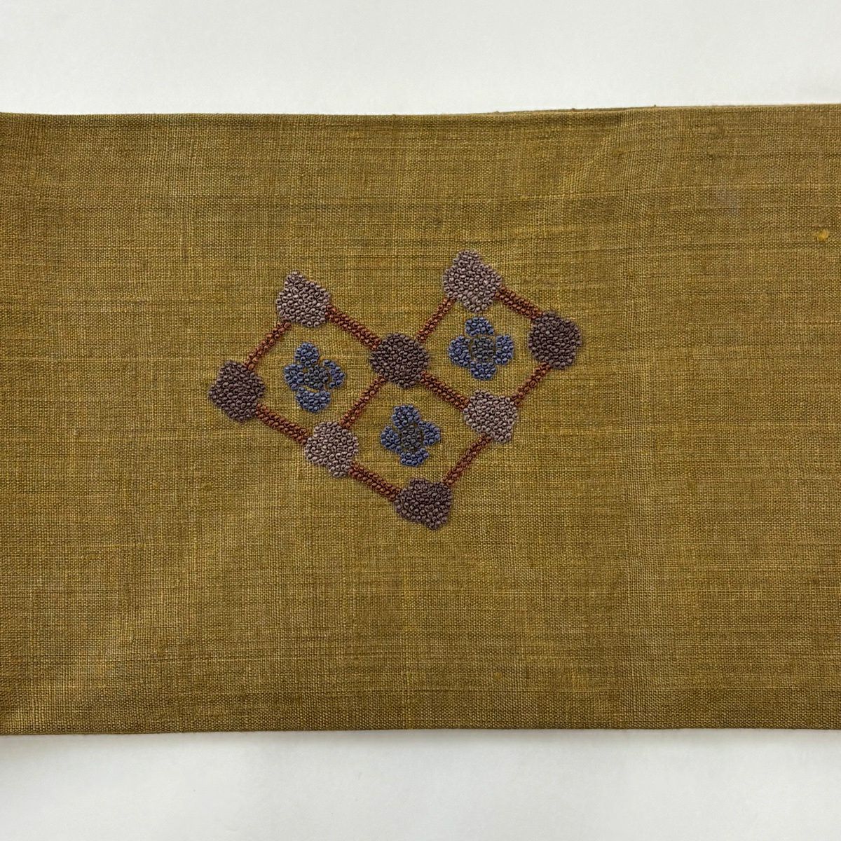 【美品】 名古屋帶 秀品級 紬織織 葉柄 牡丹 刺繡 茶綠 純蠶絲