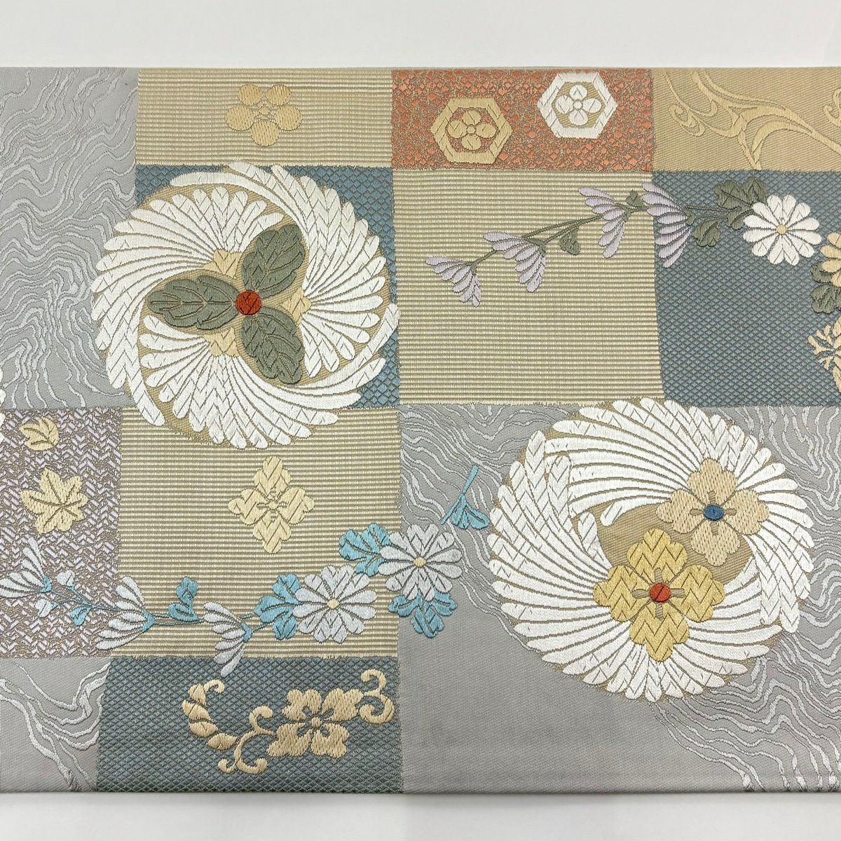 袋帶 秀品級 菊花 流水 唐織 灰 深藍 六通 純蠶絲