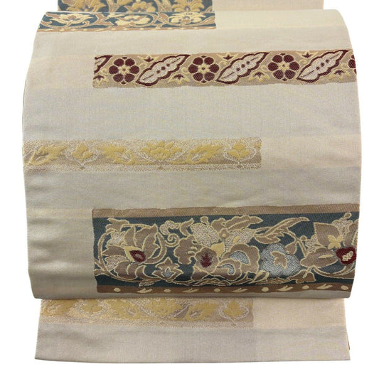 【美品】 袋帶 名古屋帶 秀品級 花唐草紋 金金箔 米色 化纖