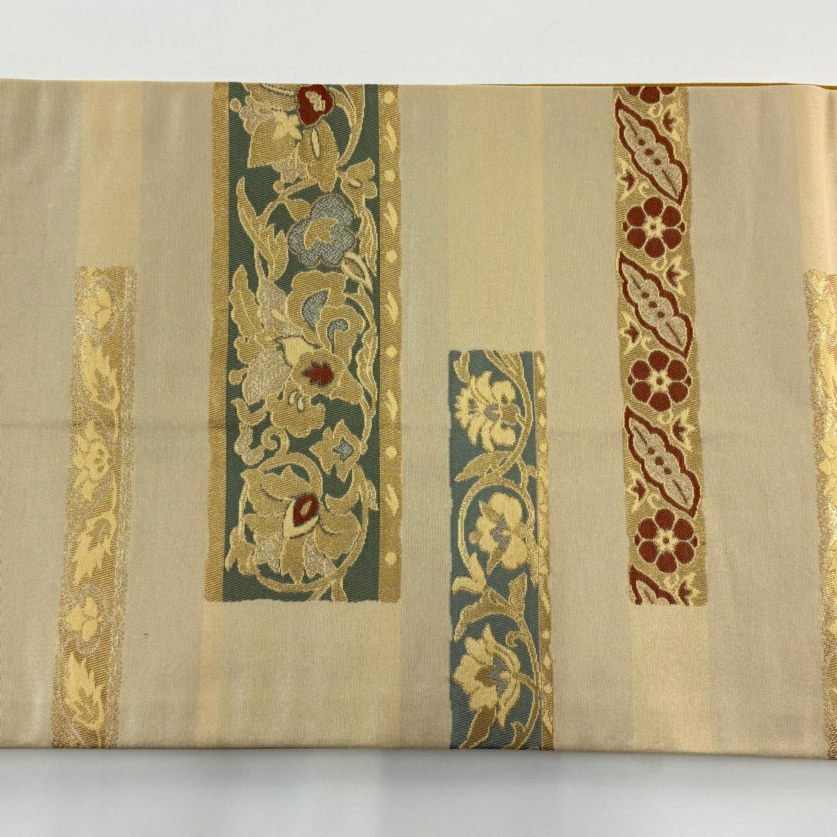 【美品】 袋帶 名古屋帶 秀品級 花唐草紋 金金箔 米色 化纖