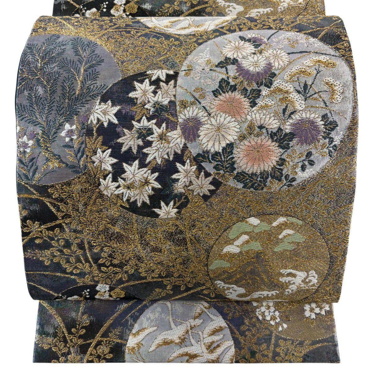 【美品】 袋帶 秀品級 菊花 萩 金糸 金金箔 灰紫 六通 純蠶絲