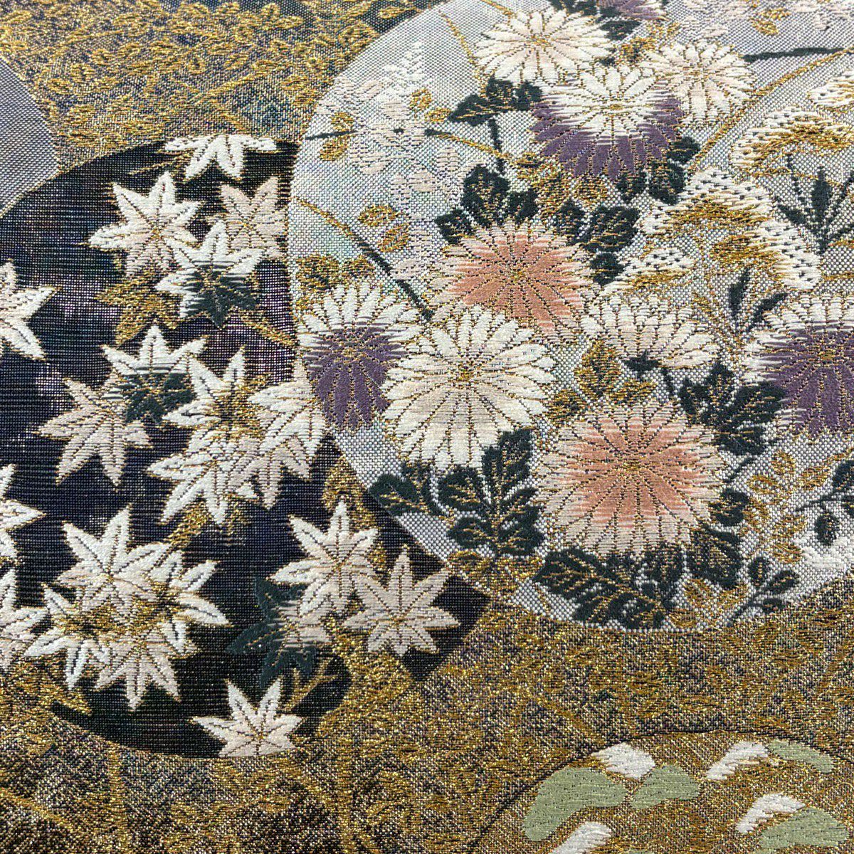 【美品】 袋帶 秀品級 菊花 萩 金糸 金金箔 灰紫 六通 純蠶絲