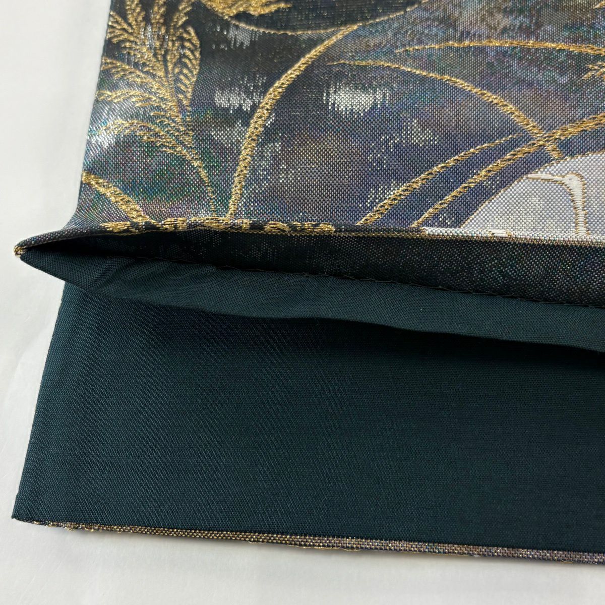 【美品】 袋帶 秀品級 菊花 萩 金糸 金金箔 灰紫 六通 純蠶絲