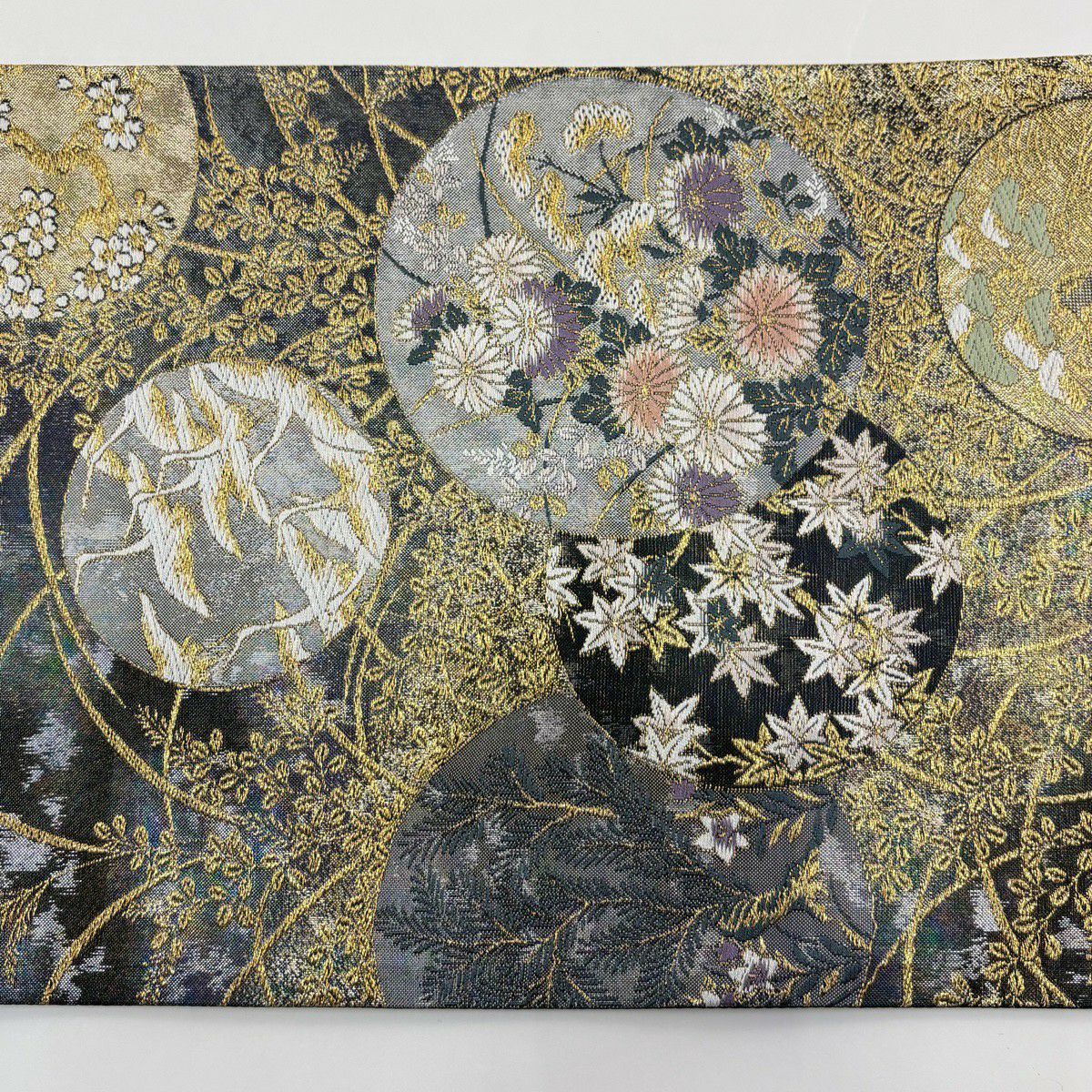 【美品】 袋帶 秀品級 菊花 萩 金糸 金金箔 灰紫 六通 純蠶絲