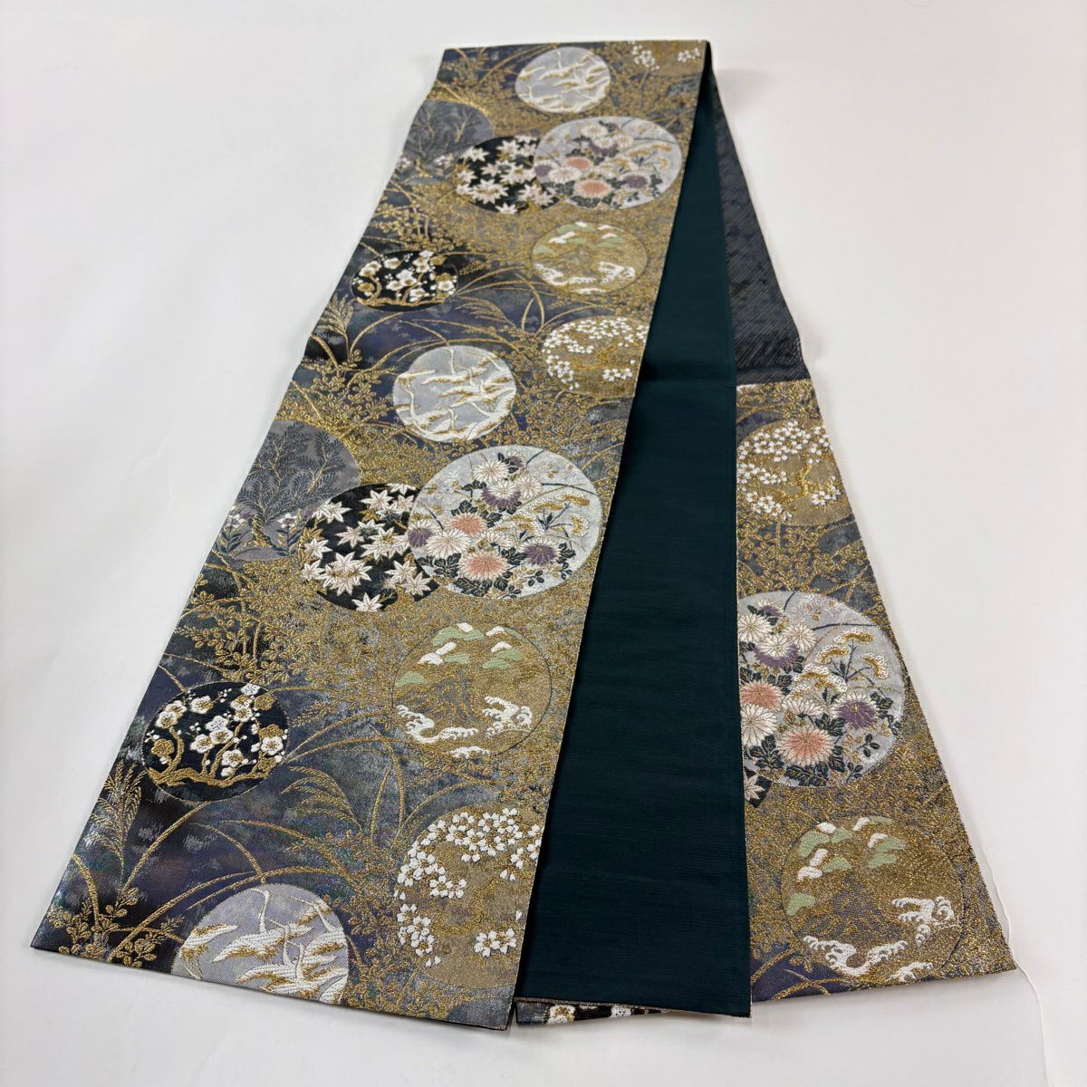 【美品】 袋帶 秀品級 菊花 萩 金糸 金金箔 灰紫 六通 純蠶絲