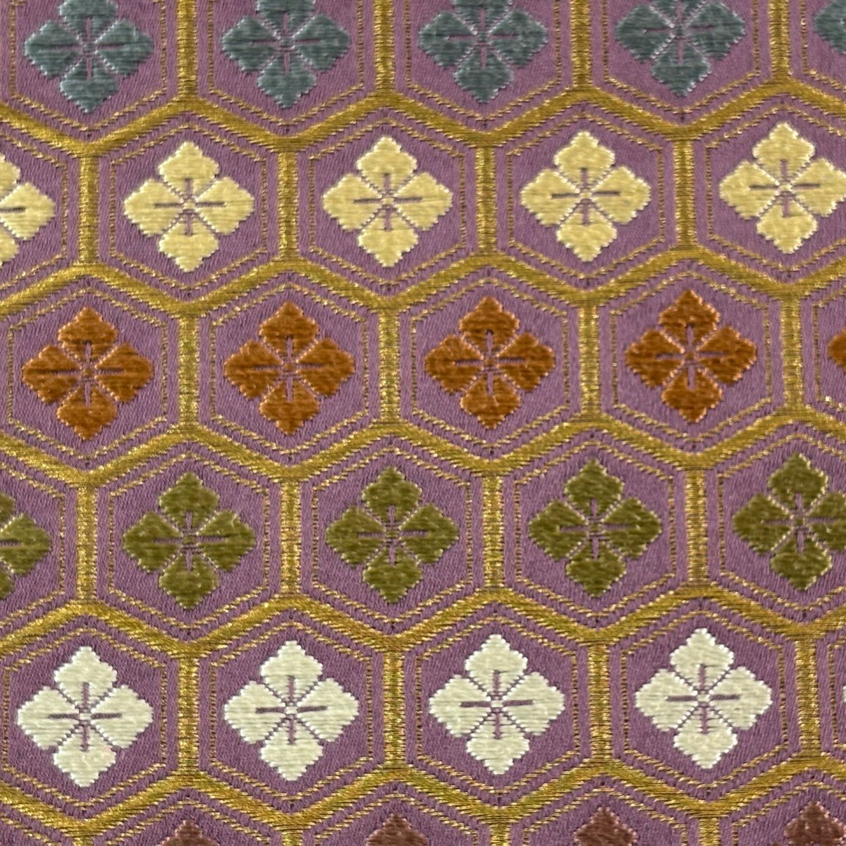 【美品】 袋帶 秀品級 花菱 龜甲 刺繡 金絲 紫 六通 純蠶絲