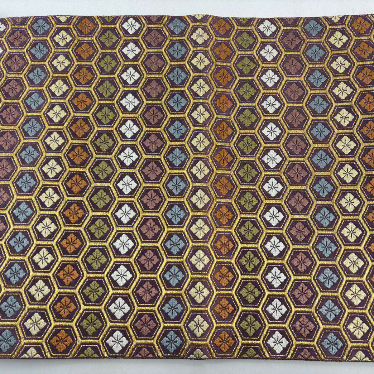【美品】 袋帶 秀品級 花菱 龜甲 刺繡 金絲 紫 六通 純蠶絲
