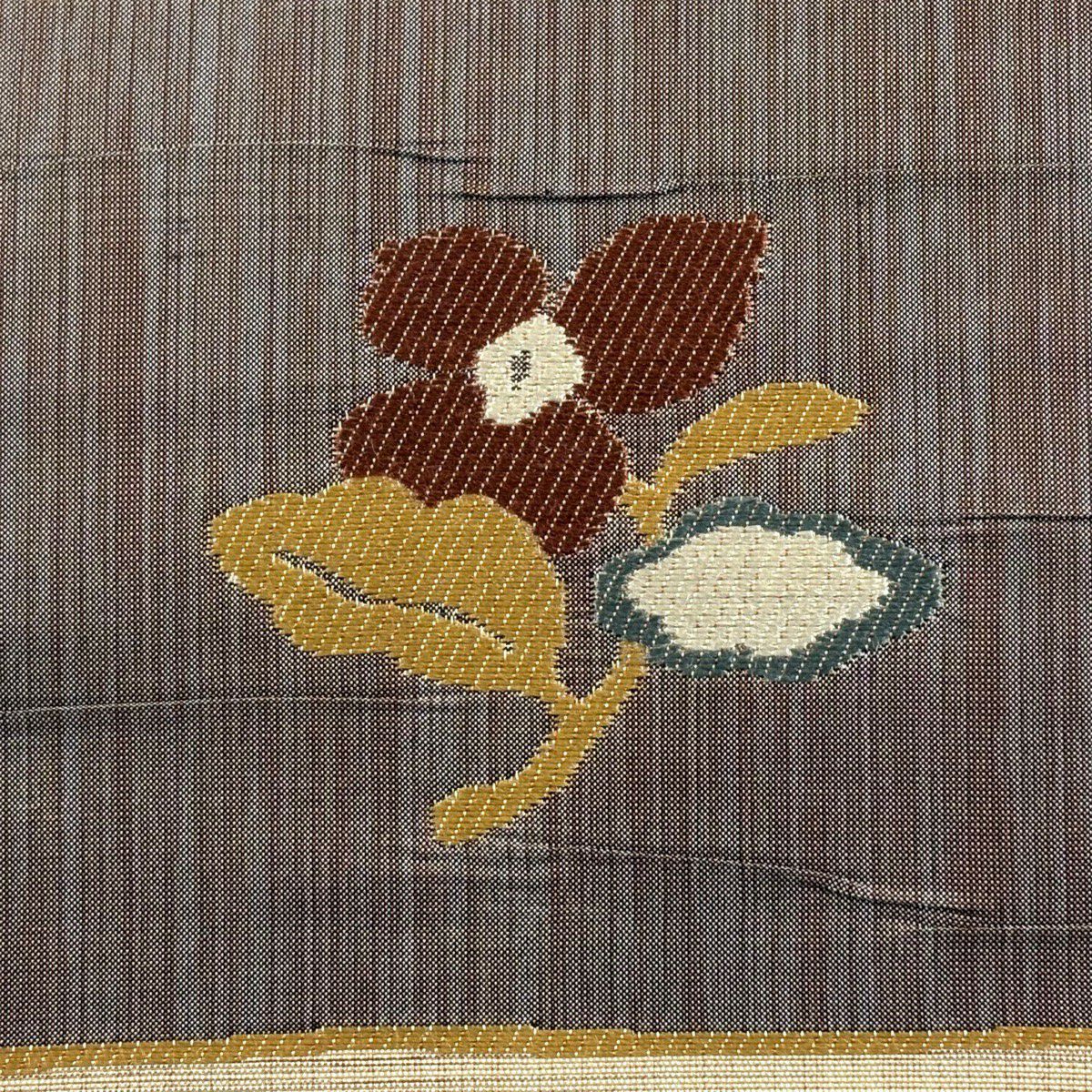 【美品】 名古屋帶 優品級 紬織織 草花紋 淺米色 純蠶絲