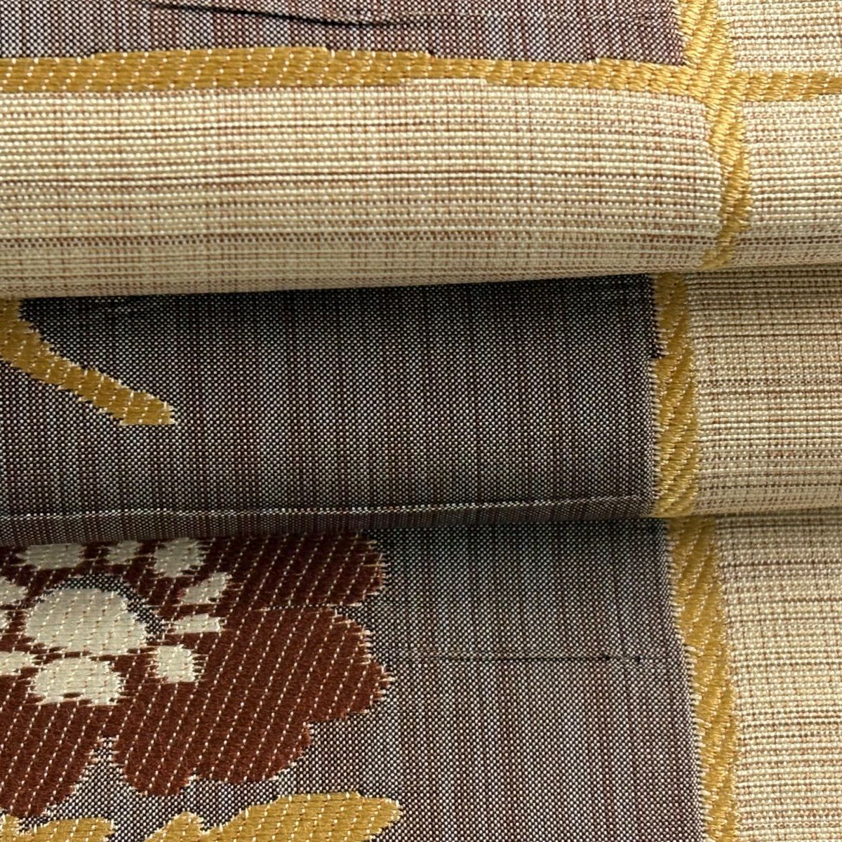 【美品】 名古屋帶 優品級 紬織織 草花紋 淺米色 純蠶絲
