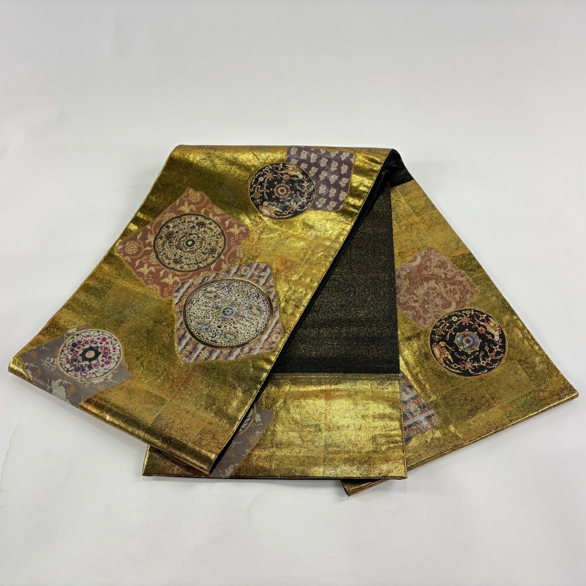 袋帶 秀品級 鏡裏文 花喰鳥 金金箔 螺鈿 金茶 大鼓圖案 純蠶絲