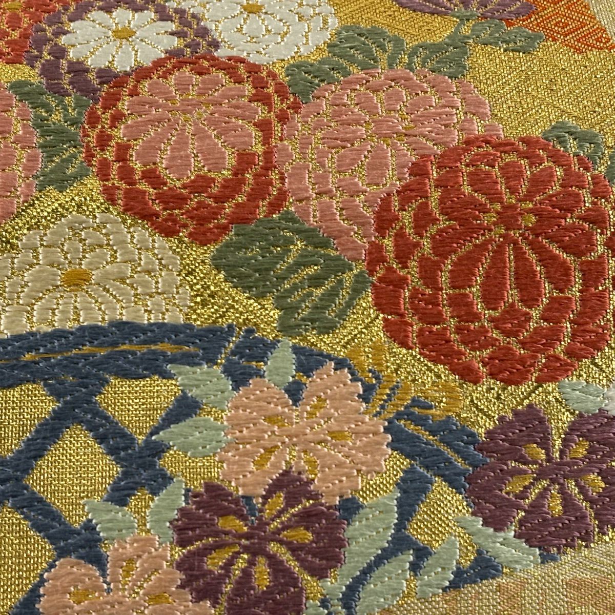 袋帶 秀品級 秋草 色紙 刺繡 金絲 金 六通 純蠶絲