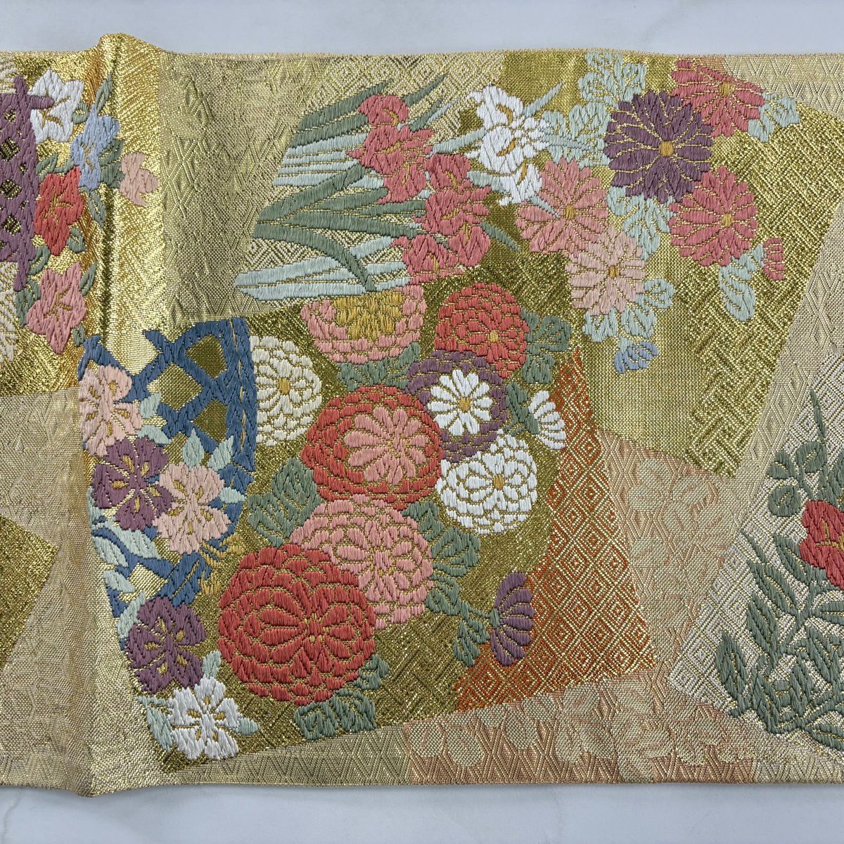袋帶 秀品級 秋草 色紙 刺繡 金絲 金 六通 純蠶絲