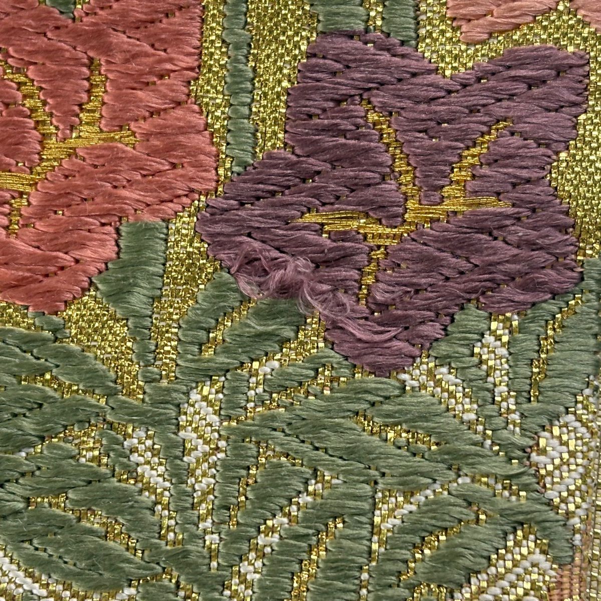 袋帶 秀品級 秋草 色紙 刺繡 金絲 金 六通 純蠶絲
