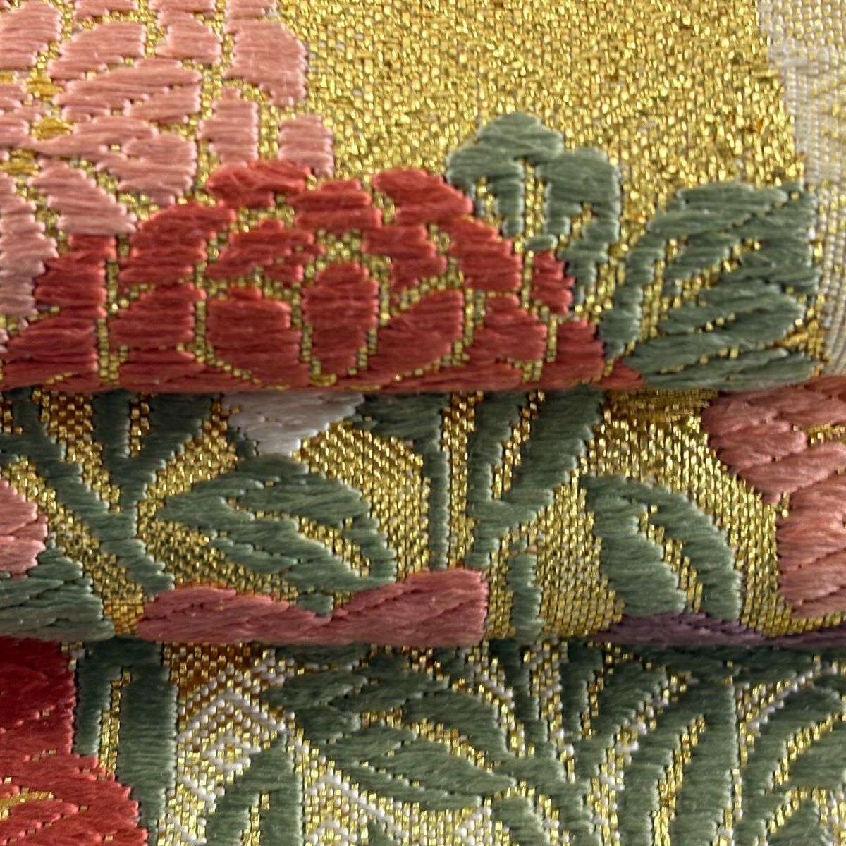 袋帶 秀品級 秋草 色紙 刺繡 金絲 金 六通 純蠶絲