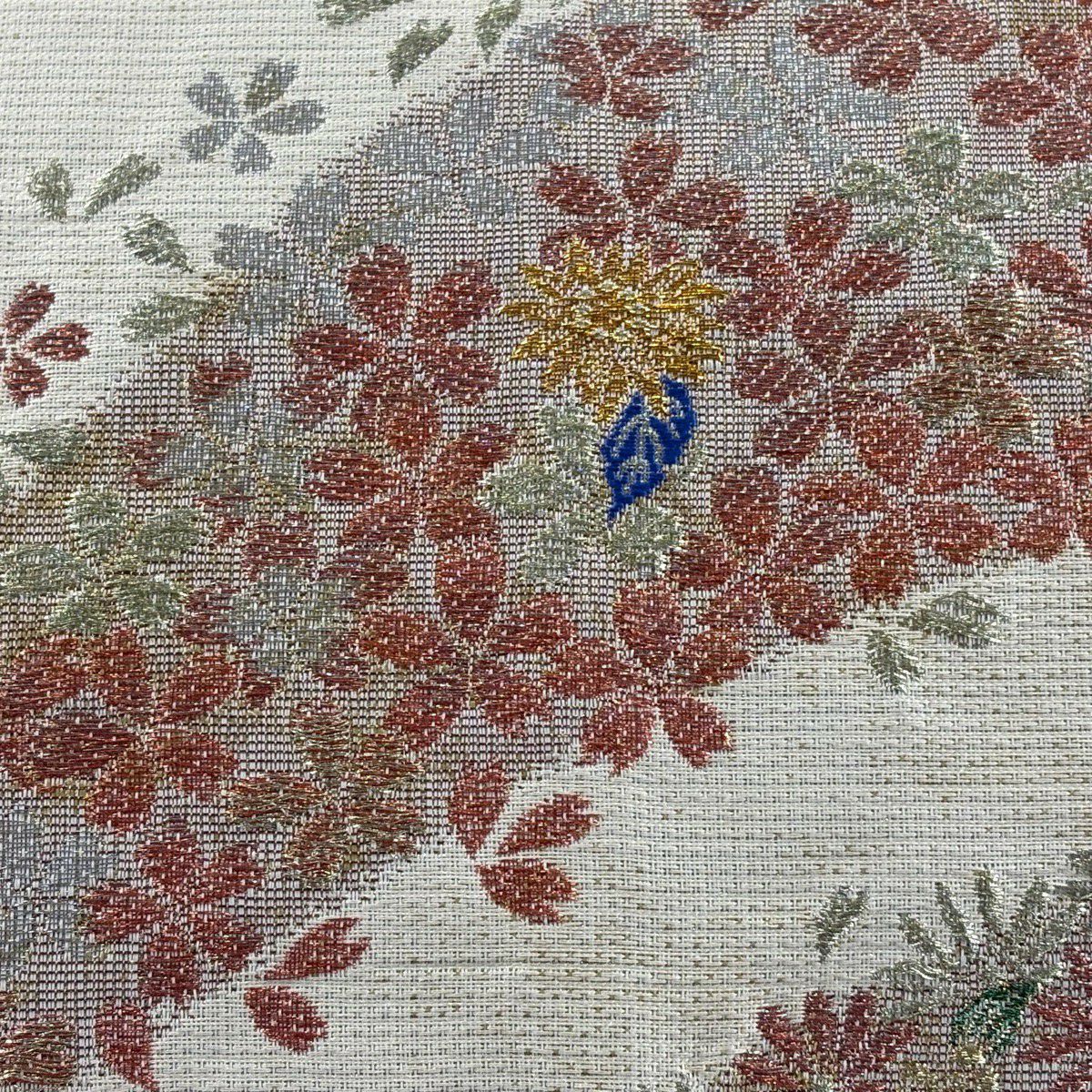 袋帶 秀品級櫻花菊花 金銀彩 灰色 六通 純蠶絲