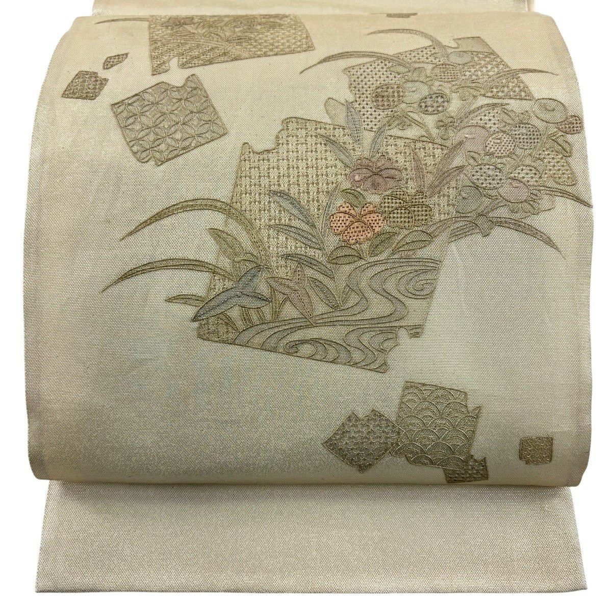 袋帶 秀品級 關西仕立 雜草 破紙刺繡 金金箔 奶油色 大鼓圖案 純蠶絲