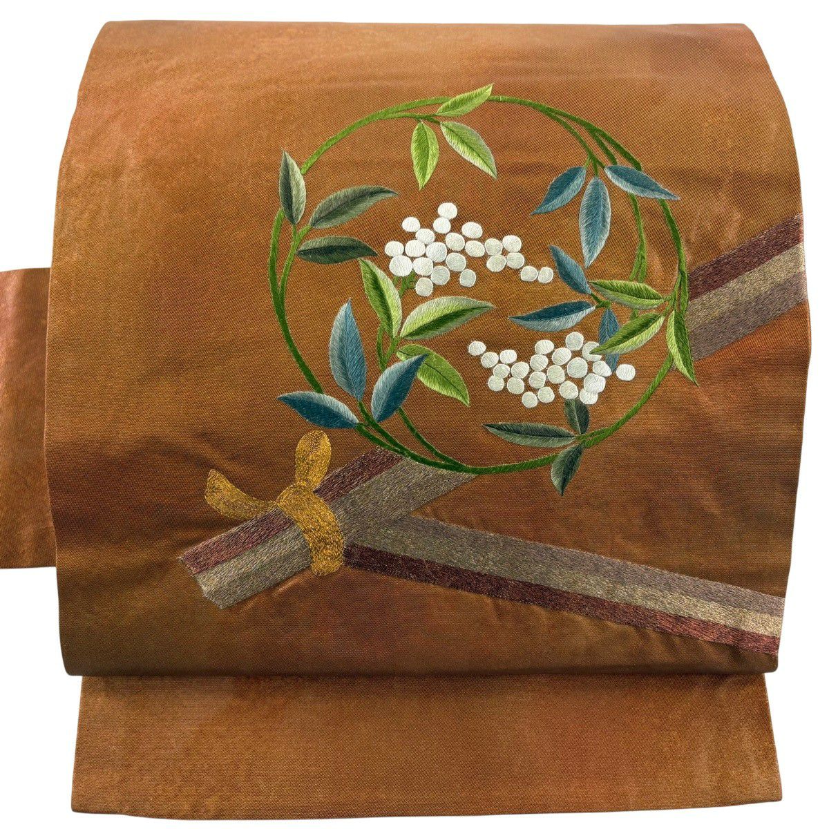 名古屋帶 秀品級 花丸紋 蘇州刺繡 金絲 茶 純蠶絲