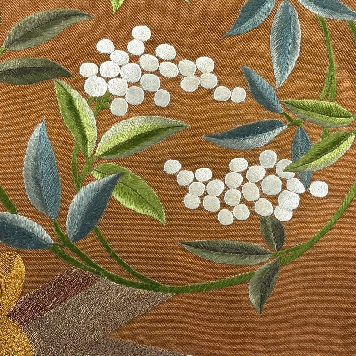 名古屋帶 秀品級 花丸紋 蘇州刺繡 金絲 茶 純蠶絲