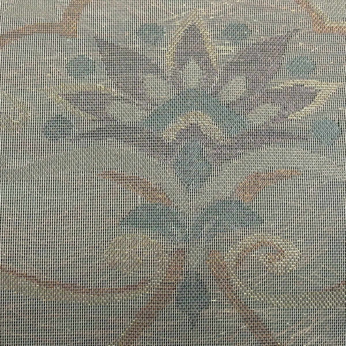 【美品】 袋帶 秀品級 夏帶 紗 草花紋幾何圖案 金金箔 灰綠 六通 純蠶絲