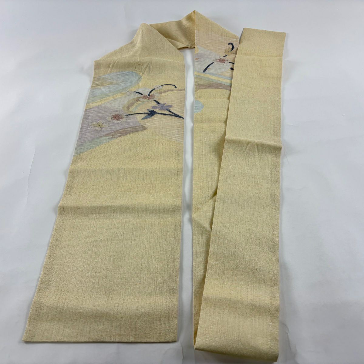 名古屋帶 秀品級 夏帶 草花紋紋 霞 銀線 淺黃 純蠶絲