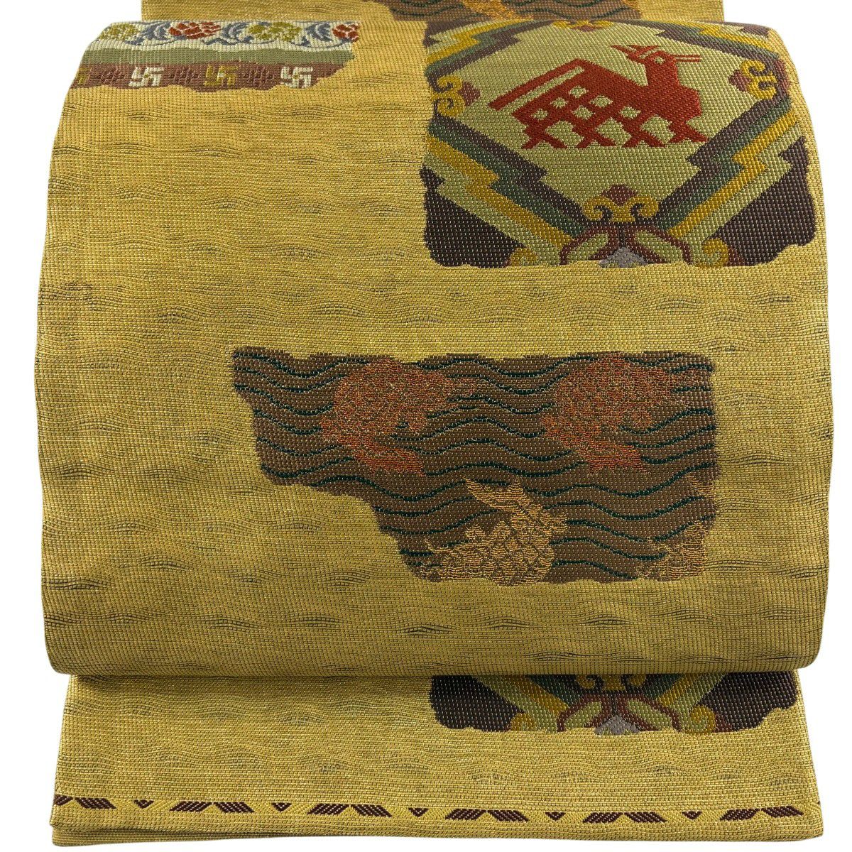 【美品】 袋帶 秀品級 有栖川文 荒磯 金糸 金金箔 黃土 深藍 六通 純蠶絲
