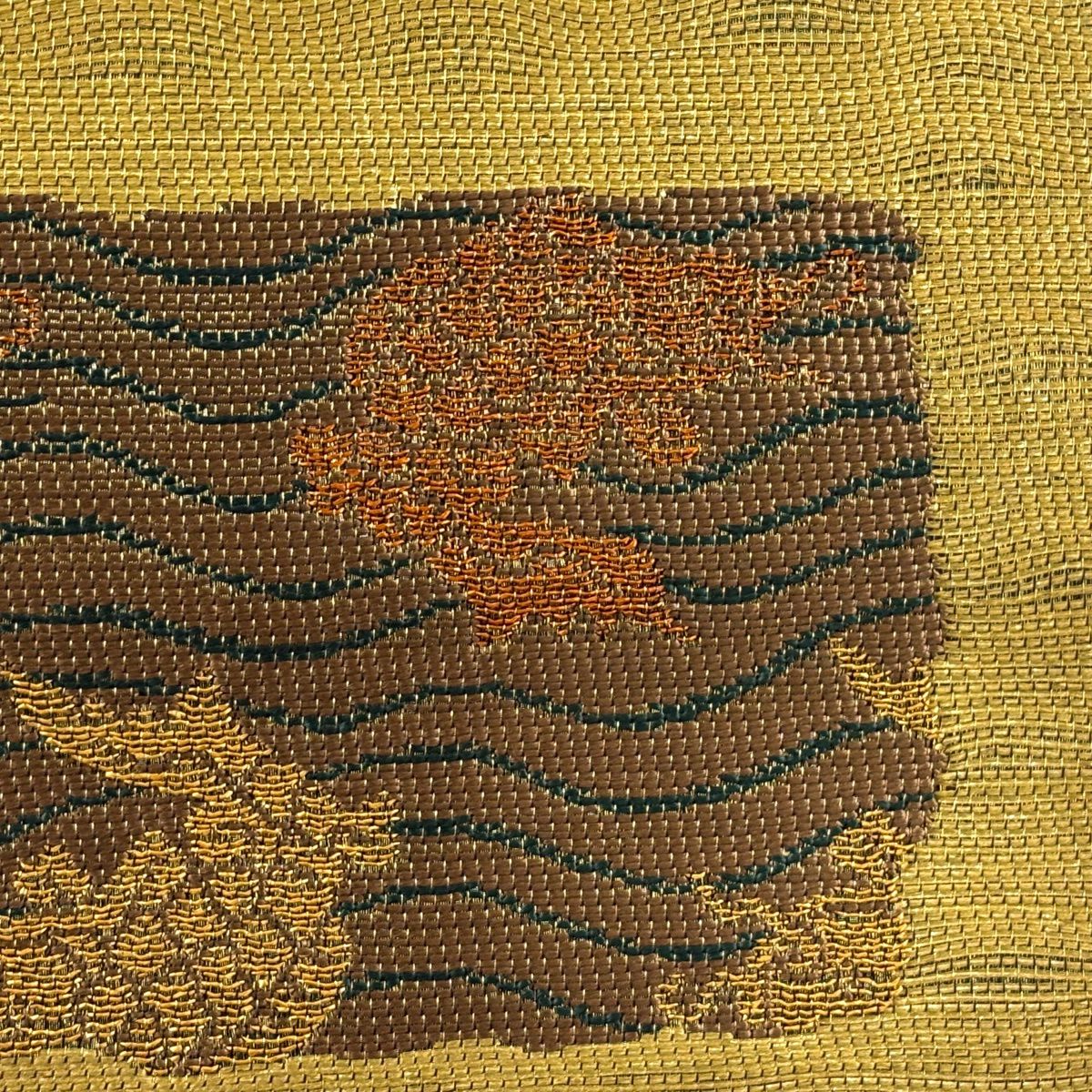 【美品】 袋帶 秀品級 有栖川文 荒磯 金糸 金金箔 黃土 深藍 六通 純蠶絲