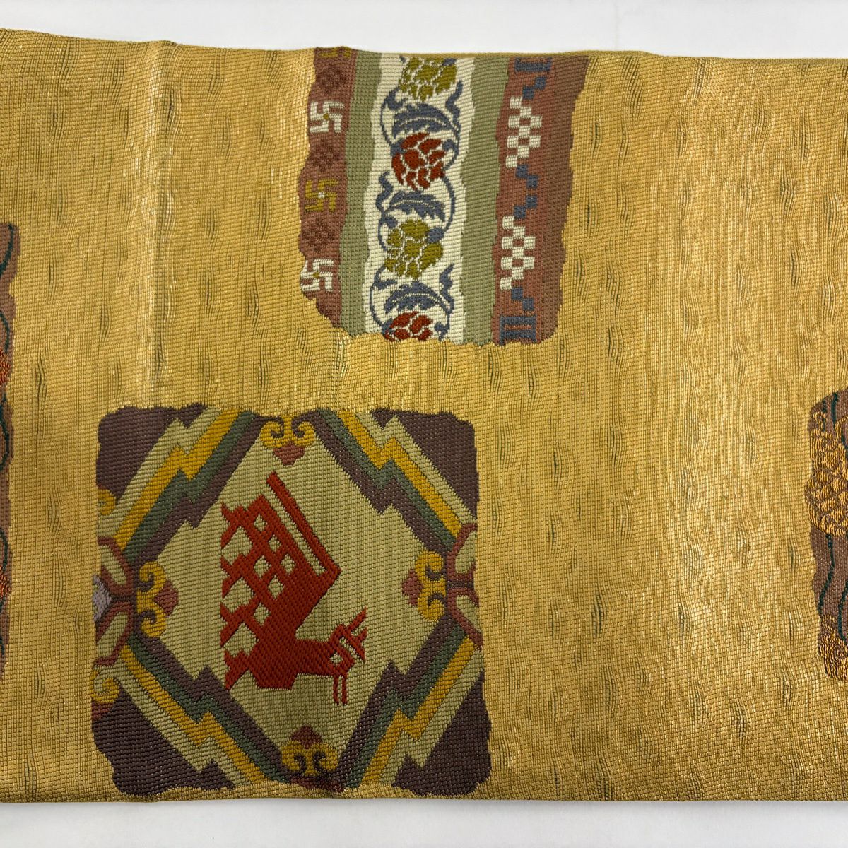 【美品】 袋帶 秀品級 有栖川文 荒磯 金糸 金金箔 黃土 深藍 六通 純蠶絲